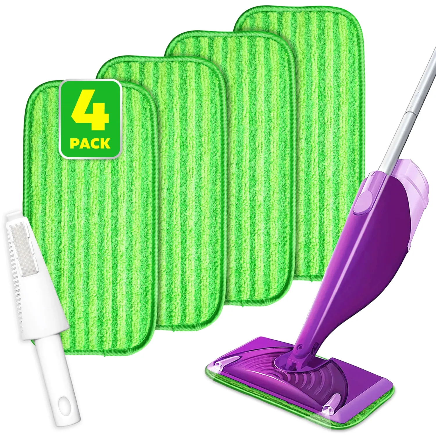 4 Pack Reusable Mop Pads, Compatible with Wet Jet, Wet Pads Refill for WetJet, Microfiber Cloths for Hardwood Floors Cleaning, Machine Washable Mop Pads, Wet Dry Use, Scraper Included