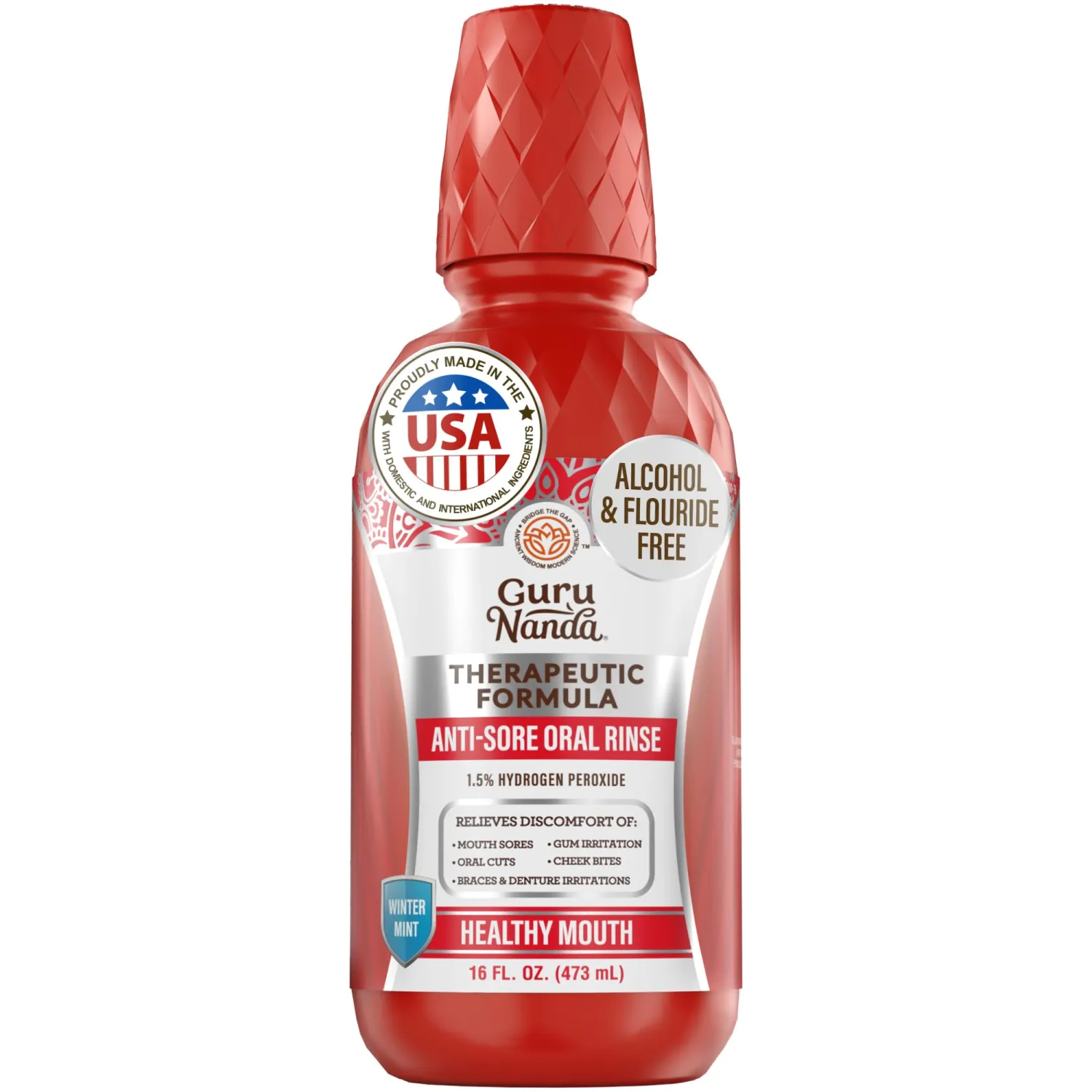 GuruNanda Mouth Sore & Canker Sore Rinse – Fast-Acting Relief for Oral Irritation, Cuts & Gum Discomfort – 1.5% Hydrogen Peroxide Oral Rinse – Alcohol-Free, Winter Mint, 16 oz