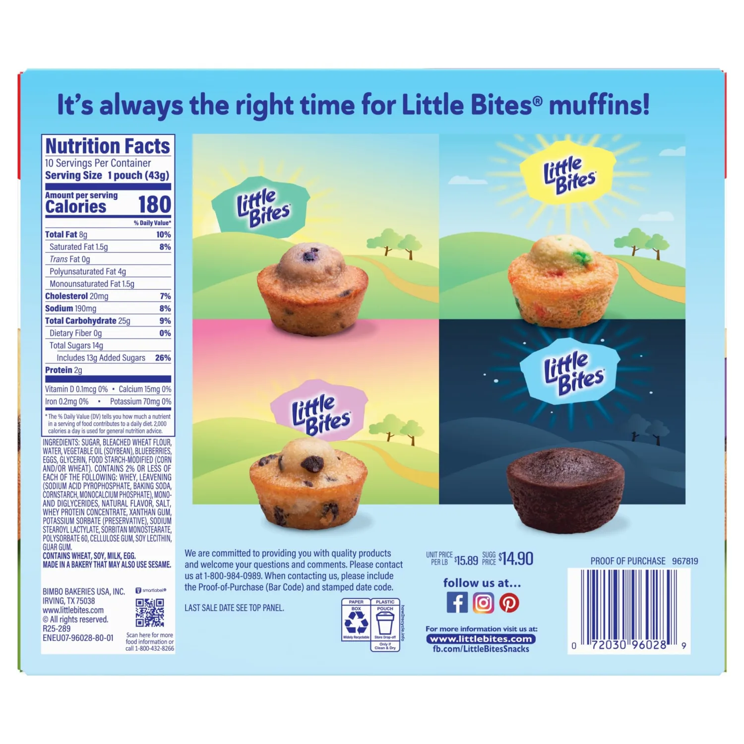 (Value Pack) Little Bites Blueberry Muffins, 10 individual packs, (1.5 oz each), Real Blueberries Mini Muffins, 15 oz Multipack