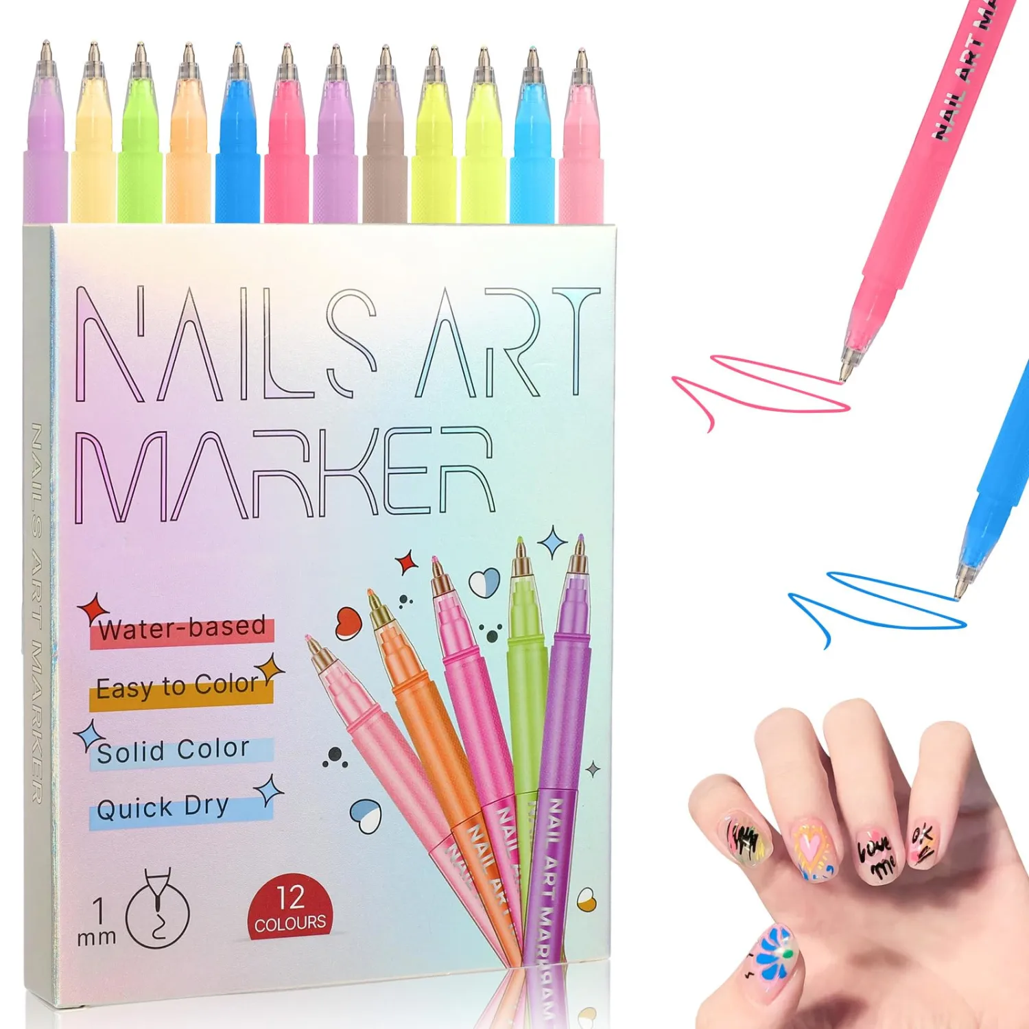 12 Colors Nail Art Pens Set, 3D Quick-Dry 0.5MM Nail Polish Pens, 2026 DIY Nail Art Marker Graffiti Dotting Pen for Nails Art Design Manicure Nail DIY Decoration (D)