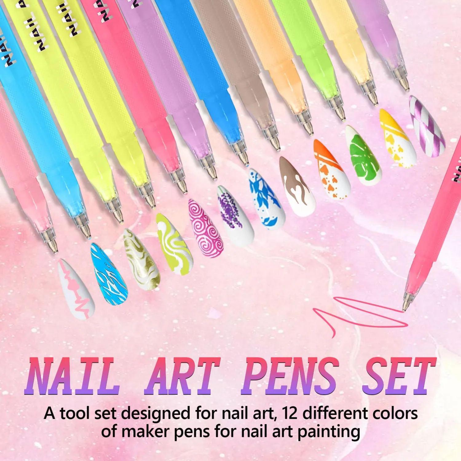 12 Colors Nail Art Pens Set, 3D Quick-Dry 0.5MM Nail Polish Pens, 2026 DIY Nail Art Marker Graffiti Dotting Pen for Nails Art Design Manicure Nail DIY Decoration (D)