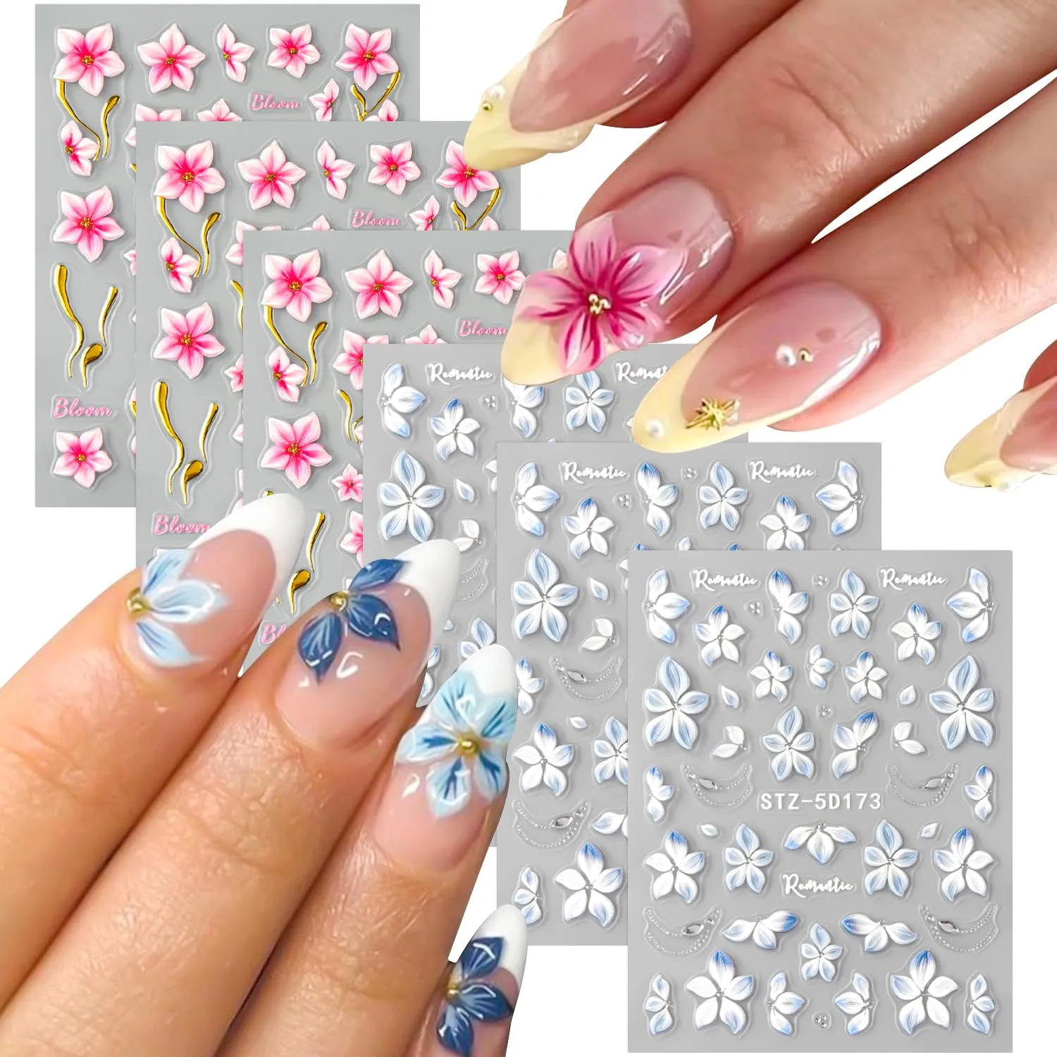 Flowers Nail Art Stickers - 5D Embossed Floral Nail Decals, Spring Cherry Blossoms Lily Design Self-Adhesive Nail Supplies for Women Manicure Decor