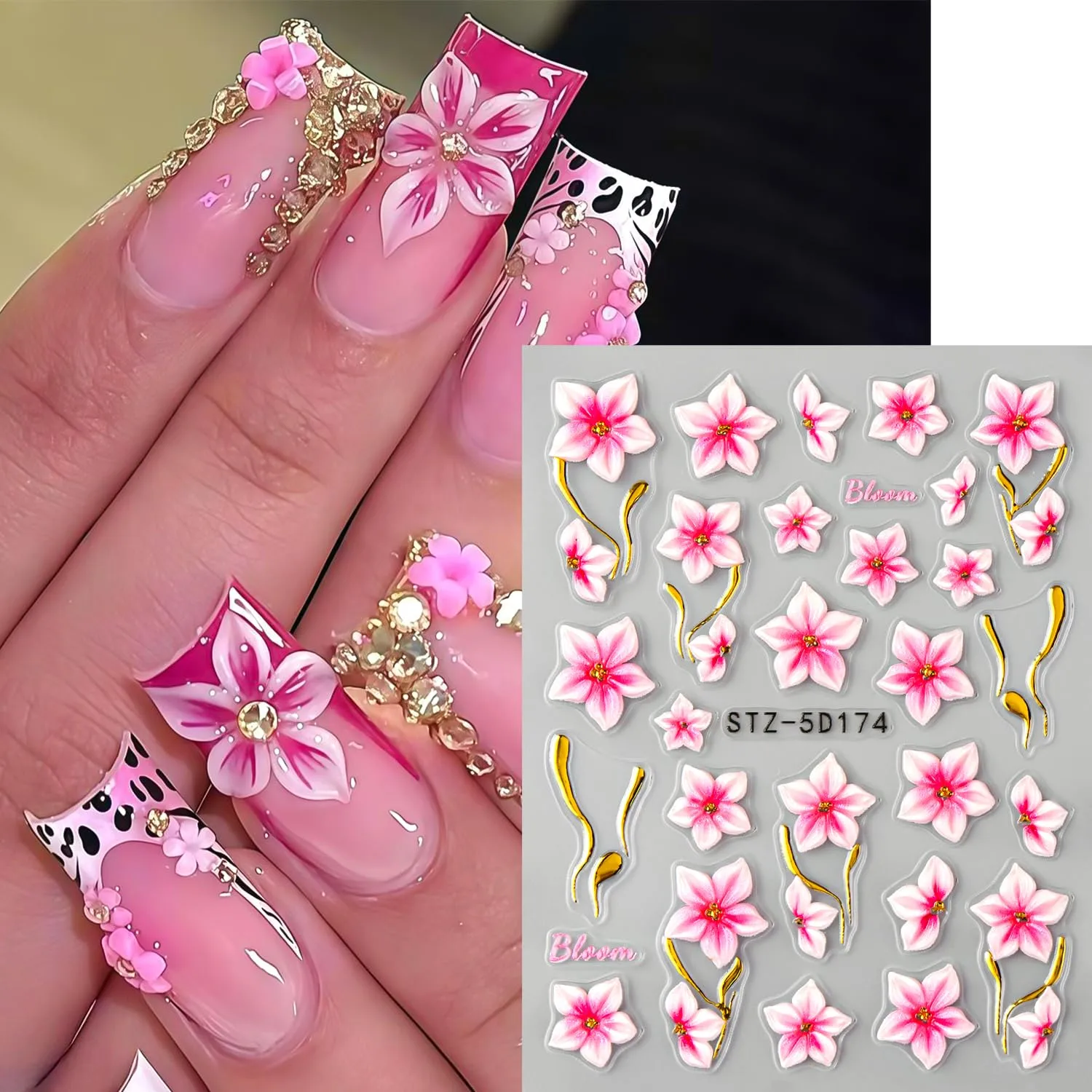 Flowers Nail Art Stickers - 5D Embossed Floral Nail Decals, Spring Cherry Blossoms Lily Design Self-Adhesive Nail Supplies for Women Manicure Decor