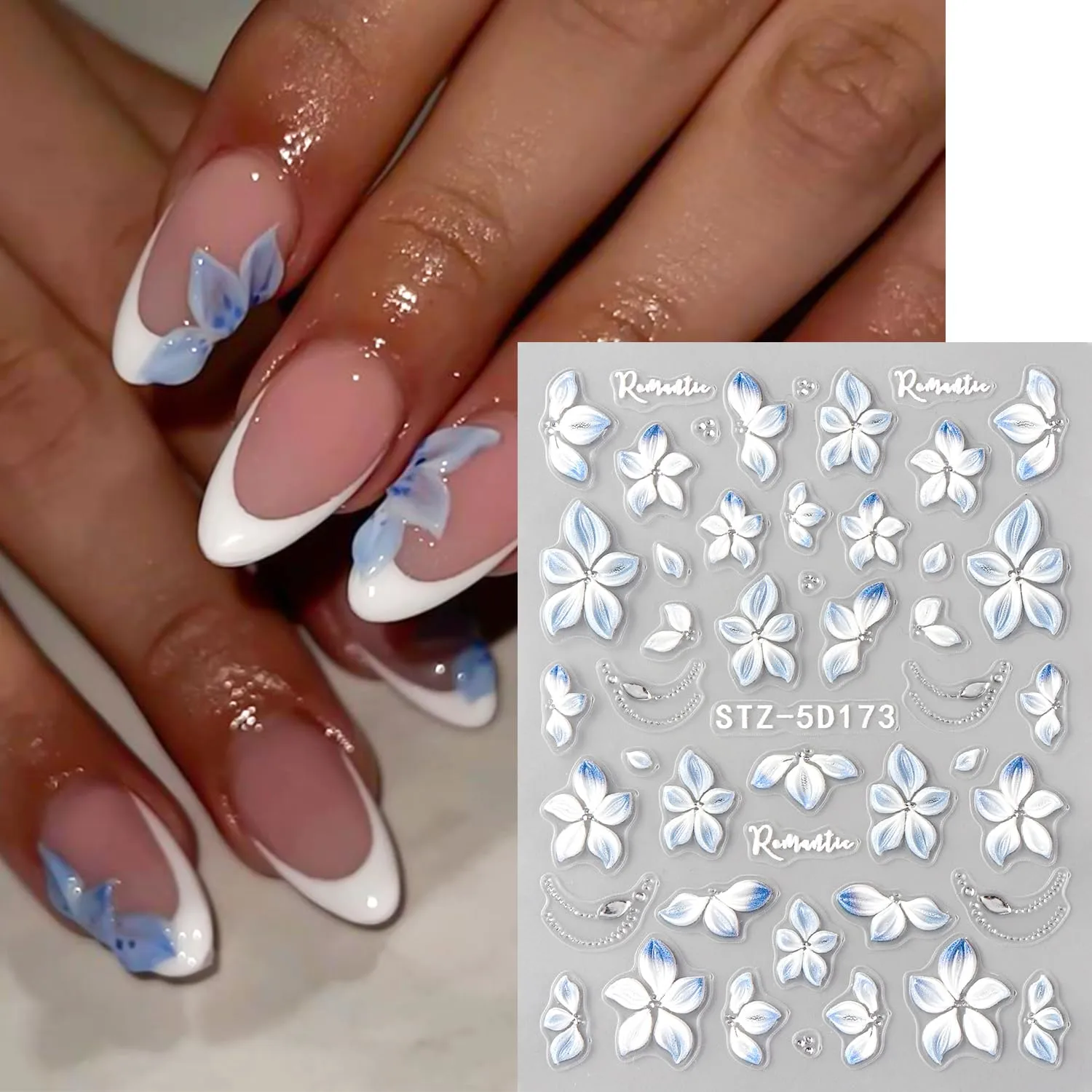 Flowers Nail Art Stickers - 5D Embossed Floral Nail Decals, Spring Cherry Blossoms Lily Design Self-Adhesive Nail Supplies for Women Manicure Decor