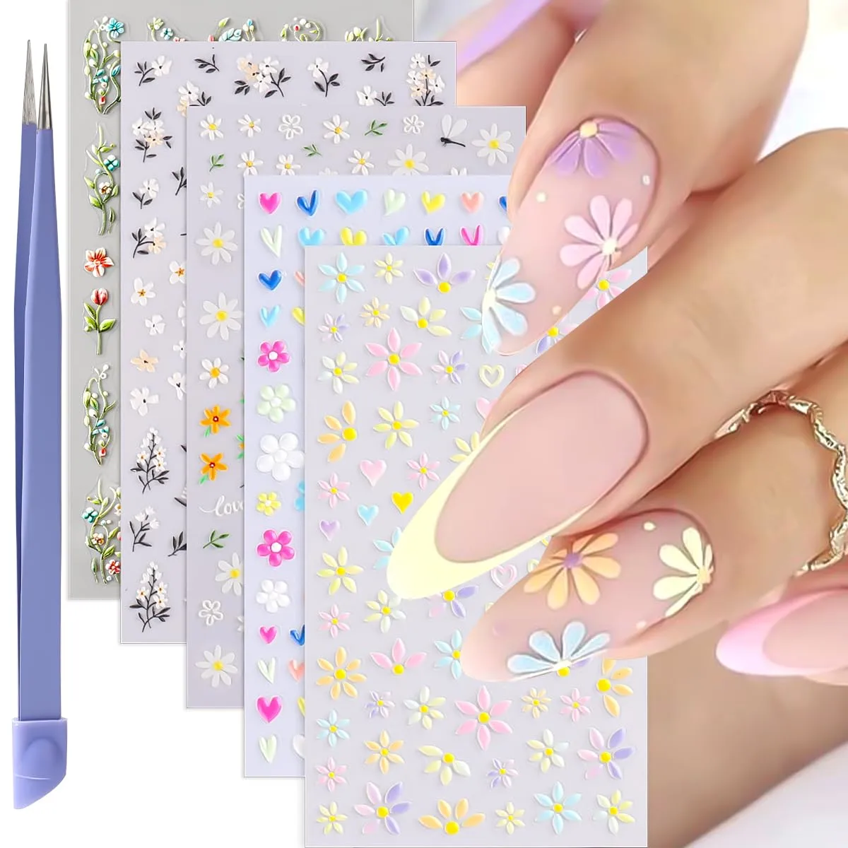 5 Sheets Flower Nail Stickers, 5D Embossed Nail Decals Summer Self Adhesive Colorful Floral Daisy Heart Nails Supplies Flower Nail Art Design Manicure Accessories for Women Girls Nail Decoration