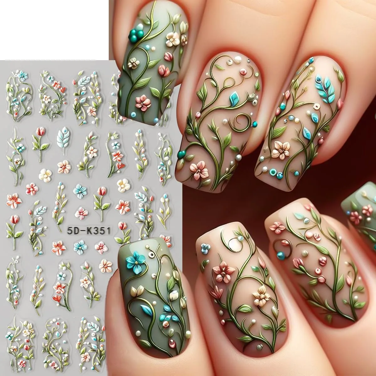 5 Sheets Flower Nail Stickers, 5D Embossed Nail Decals Summer Self Adhesive Colorful Floral Daisy Heart Nails Supplies Flower Nail Art Design Manicure Accessories for Women Girls Nail Decoration