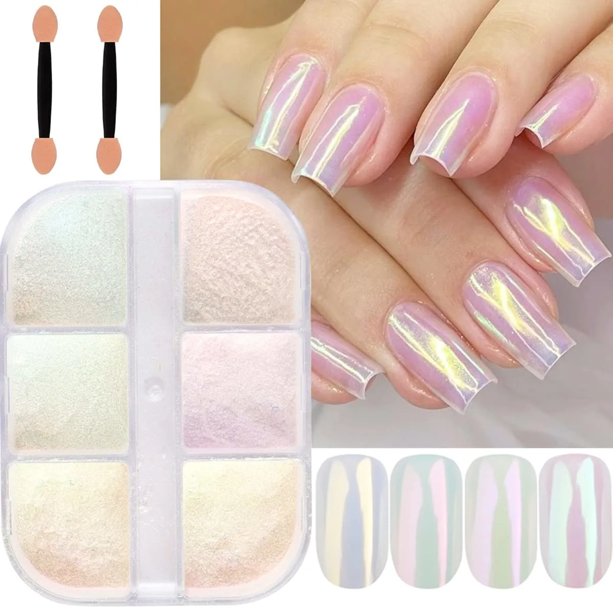 6 Grids Chrome Nail Powder Metallic Mirror Effect Pigment Aurora Nail Glitter Holographic Iridescent Dipping Rub Powder Manicure Design Pearl Shell Gel Polish Dust Sparkly Nail Charms