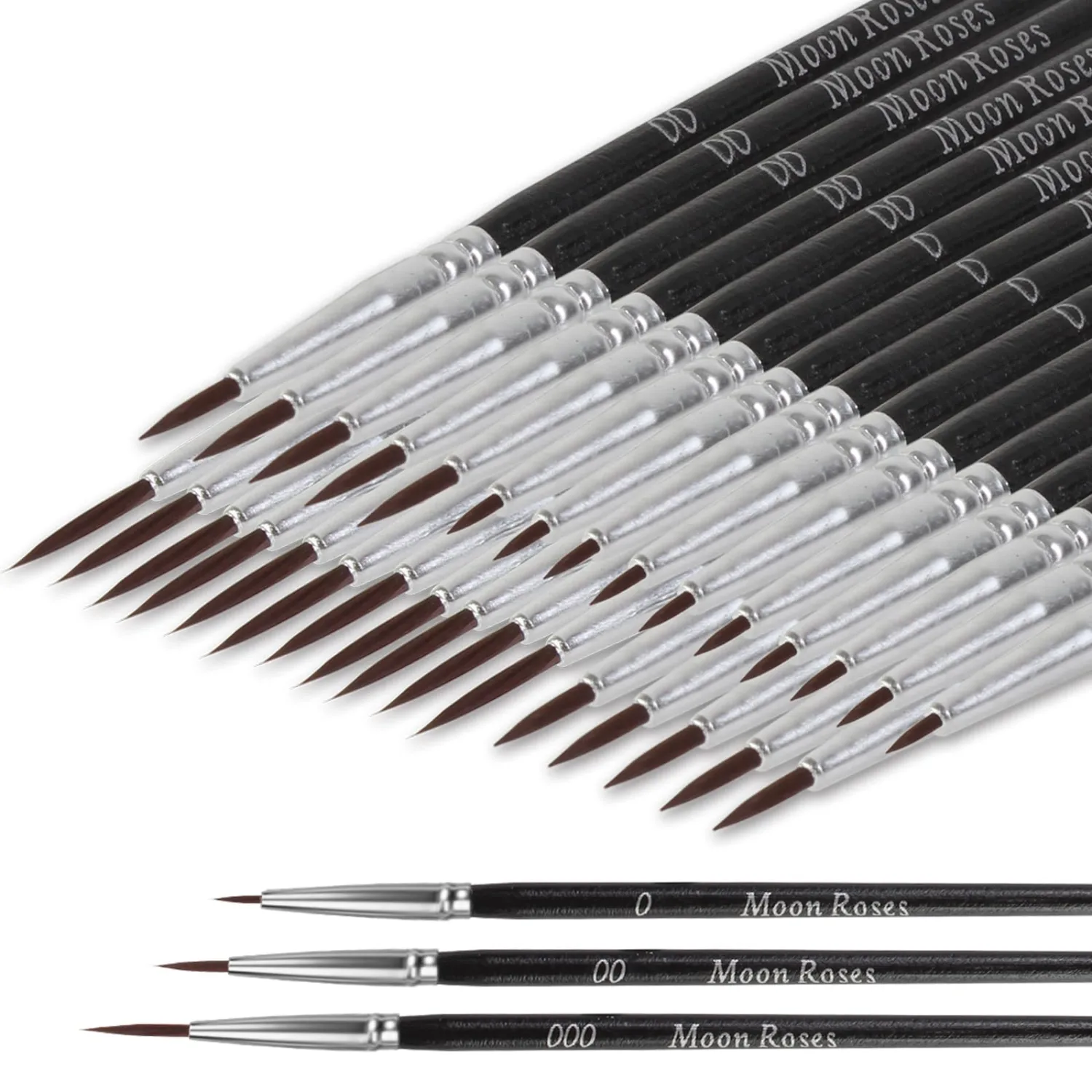 Moon Roses 30 Pcs Miniature Detail Paint Brush Set, 3rd Generation Tiny Liner Brushes, 3 Sizes (0, 00, 000) Fine Tip Paint Brush for 40K Model Crafts, Watercolor Acrylics Oil & Nail Painting