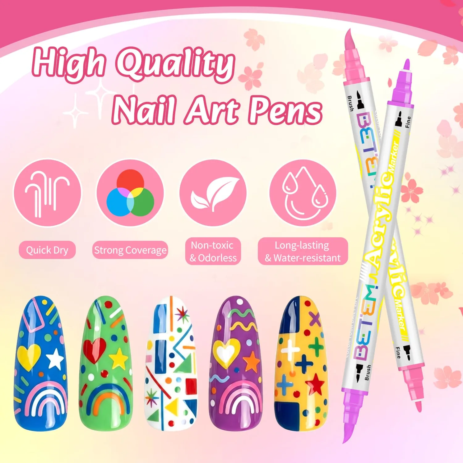 Betem Nail Art Pens Set, 24 Colors Dual-Tip Nail Art Markers, 3D Quick-Drying Nail Polish Pens, Acrylic Paint Markers for DIY Nail Design, Nail Liner Brush & Dotting Tool for Home & Salon DIY