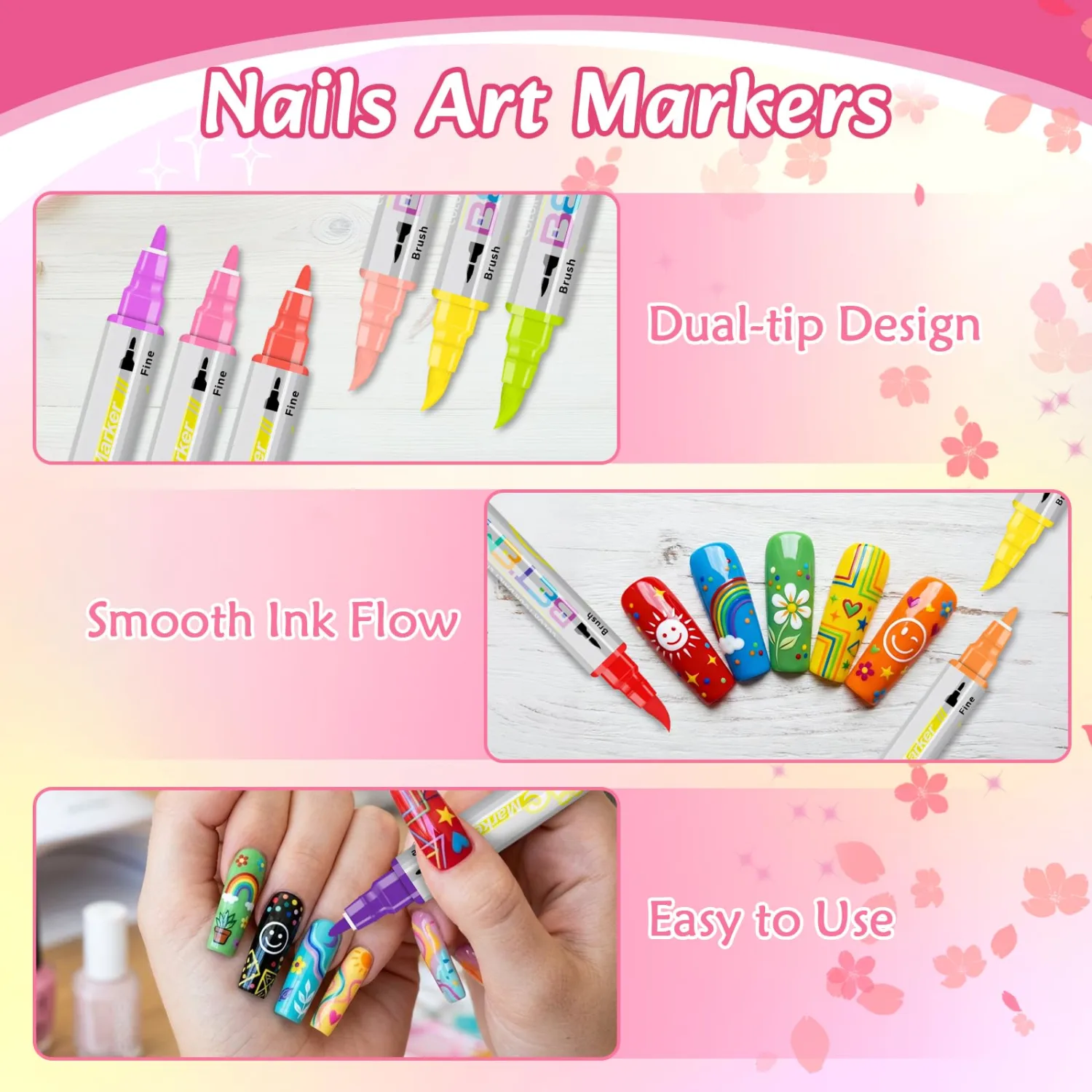 Betem Nail Art Pens Set, 24 Colors Dual-Tip Nail Art Markers, 3D Quick-Drying Nail Polish Pens, Acrylic Paint Markers for DIY Nail Design, Nail Liner Brush & Dotting Tool for Home & Salon DIY