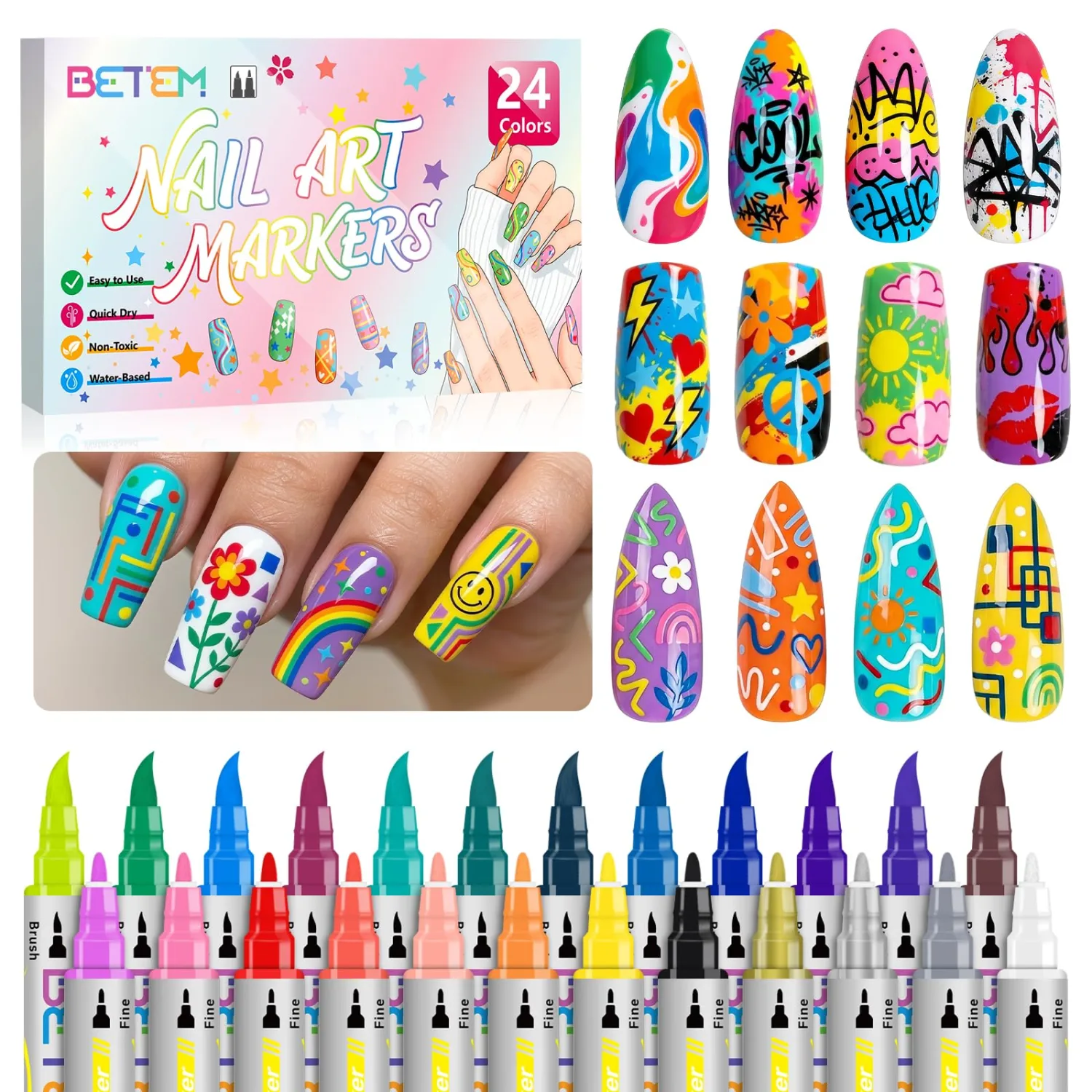 Betem Nail Art Pens Set, 24 Colors Dual-Tip Nail Art Markers, 3D Quick-Drying Nail Polish Pens, Acrylic Paint Markers for DIY Nail Design, Nail Liner Brush & Dotting Tool for Home & Salon DIY