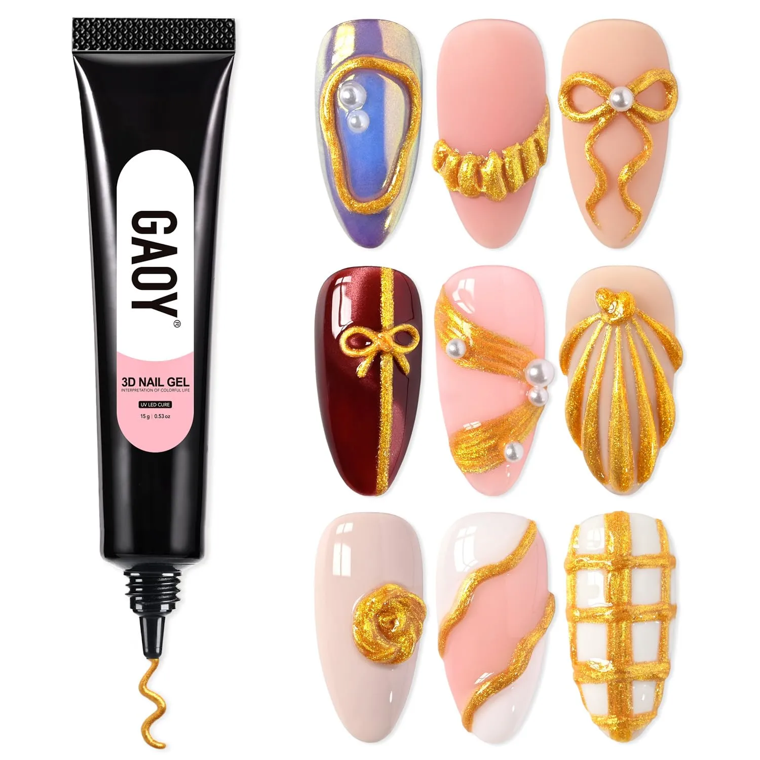 GAOY Gold 3D Nail Gel, 15g Sculpting Gel for 3D Nail Art Designs Carving, Molding, Painting, No Wipe Gel for Gems & Charms Decoration, Salon DIY Use