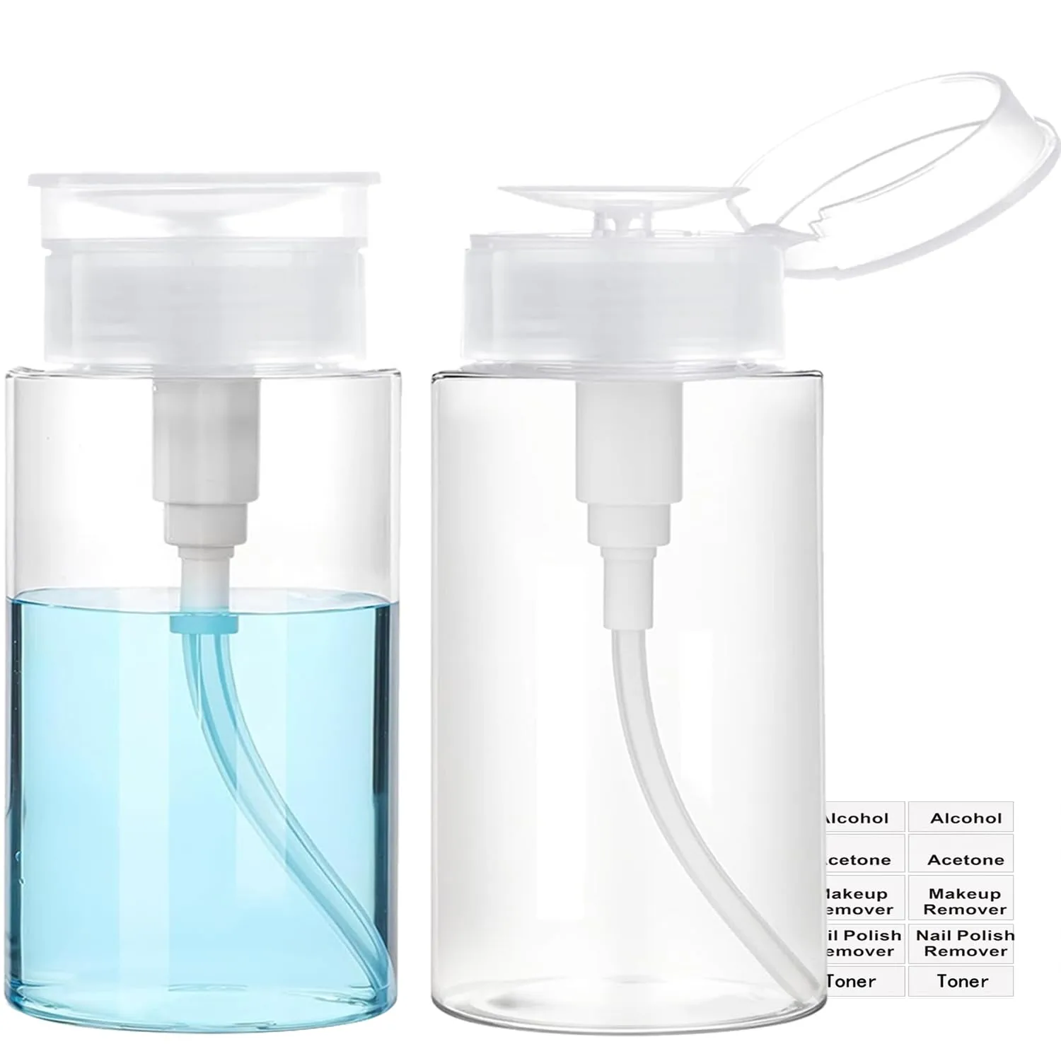 Push Down Pump Dispenser, 6.8oz Clear Pump Bottles with Alcohol, Acetone, Nail Polish Remover, Makeup Remover, Toner Stickers Empty Push Top Container for Liquid (200ml-2Pack)