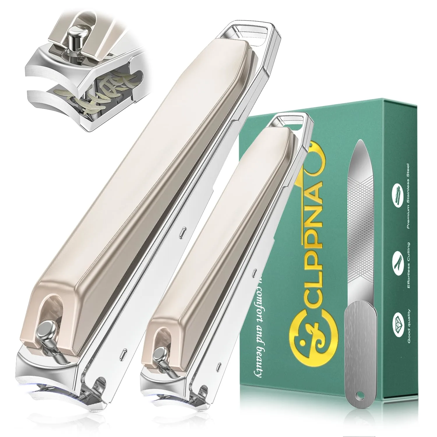 Nail Clippers for Men with Catcher, CLPPNA 2-Pack Large & Small Anti-Splash Nail Clippers Set, Ultra Sharp Sturdy Fingernail and Toenail Clipper Cutters for Men Women, Nickel Color