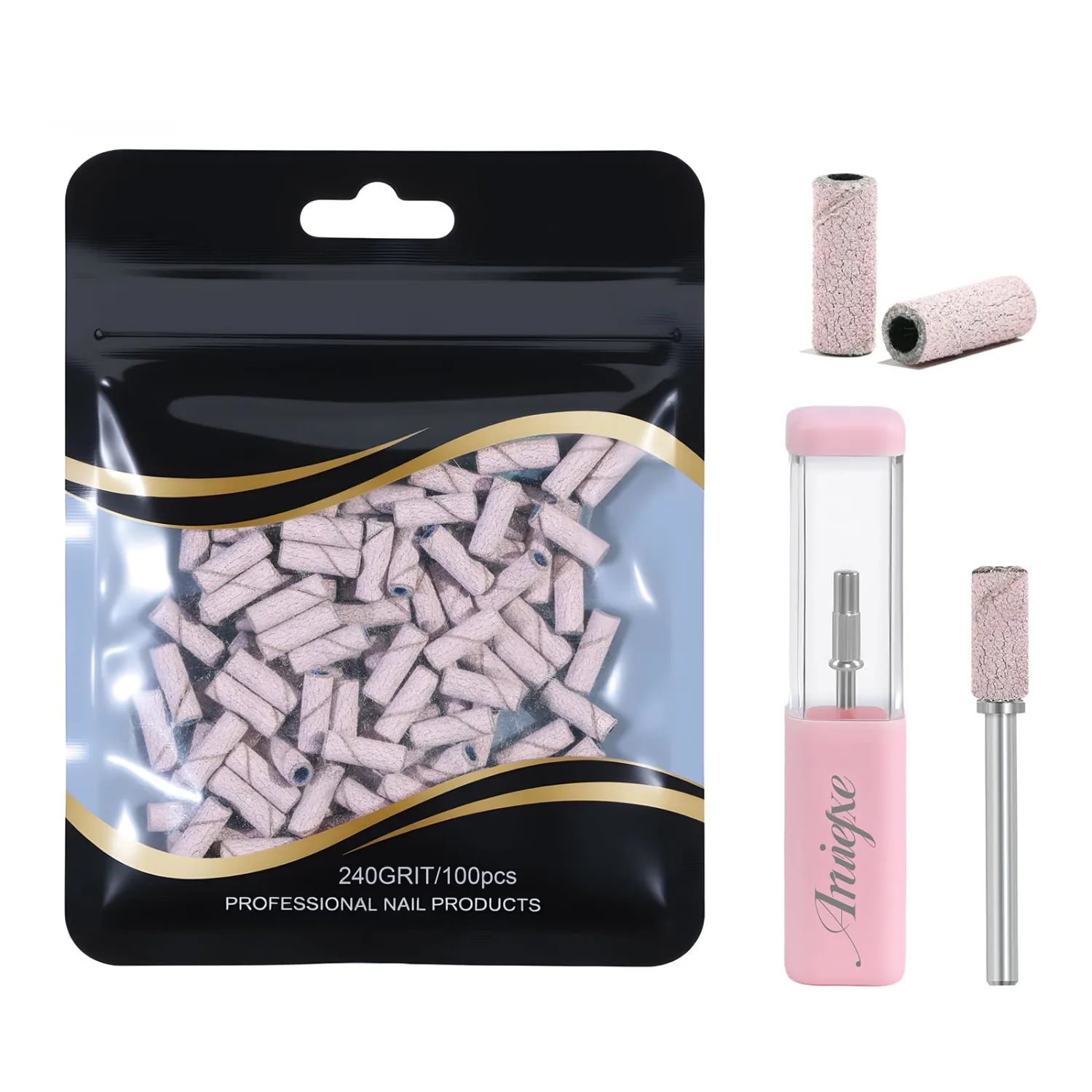 100 Pcs Nail Drill Bits, 240 Grits Sanding Bands for Nail Drill with 3.1mm Mandrel Bits, Mini Sanding Bands for Acrylic Nails Gel Manicures and Pedicures (Pink)