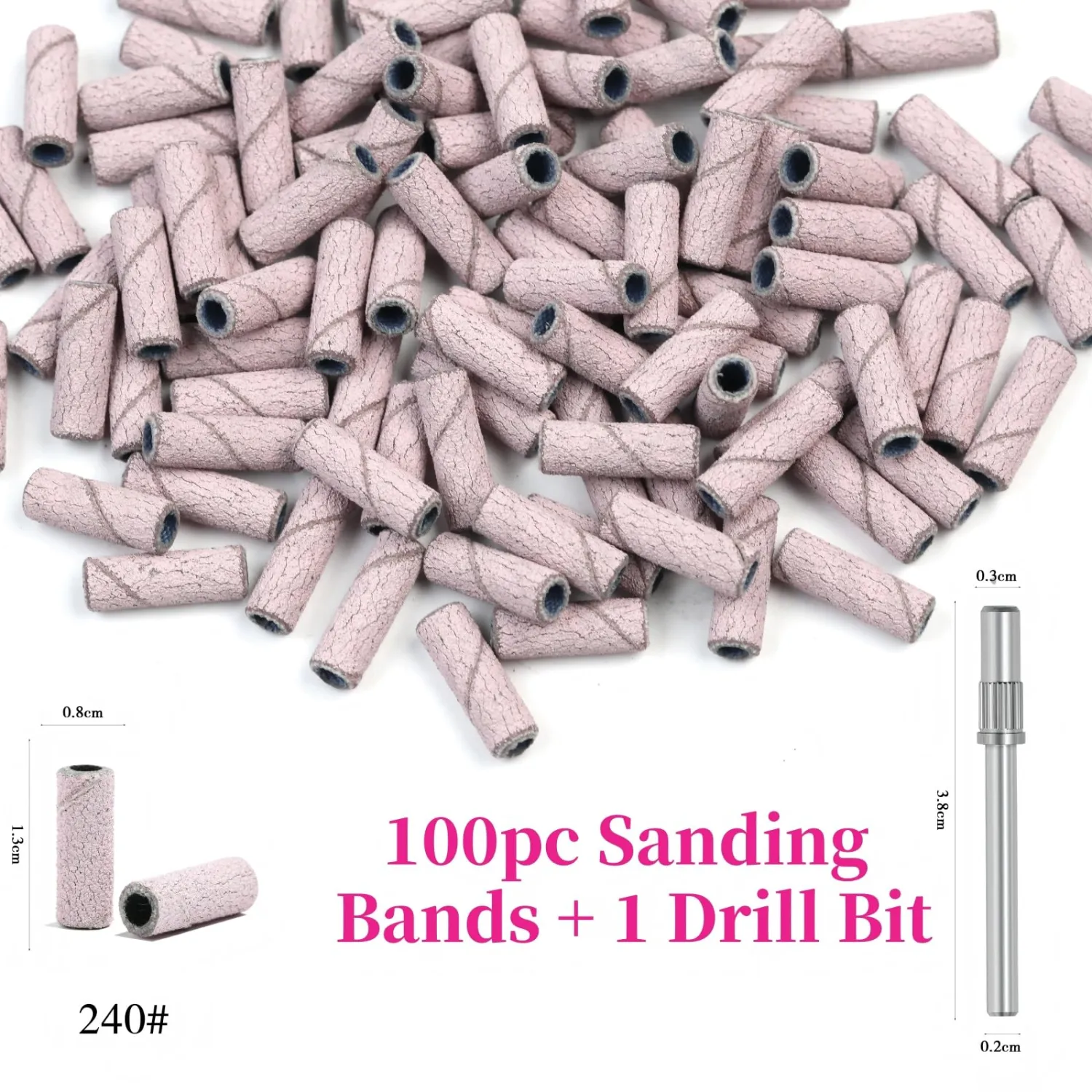 100 Pcs Nail Drill Bits, 240 Grits Sanding Bands for Nail Drill with 3.1mm Mandrel Bits, Mini Sanding Bands for Acrylic Nails Gel Manicures and Pedicures (Pink)