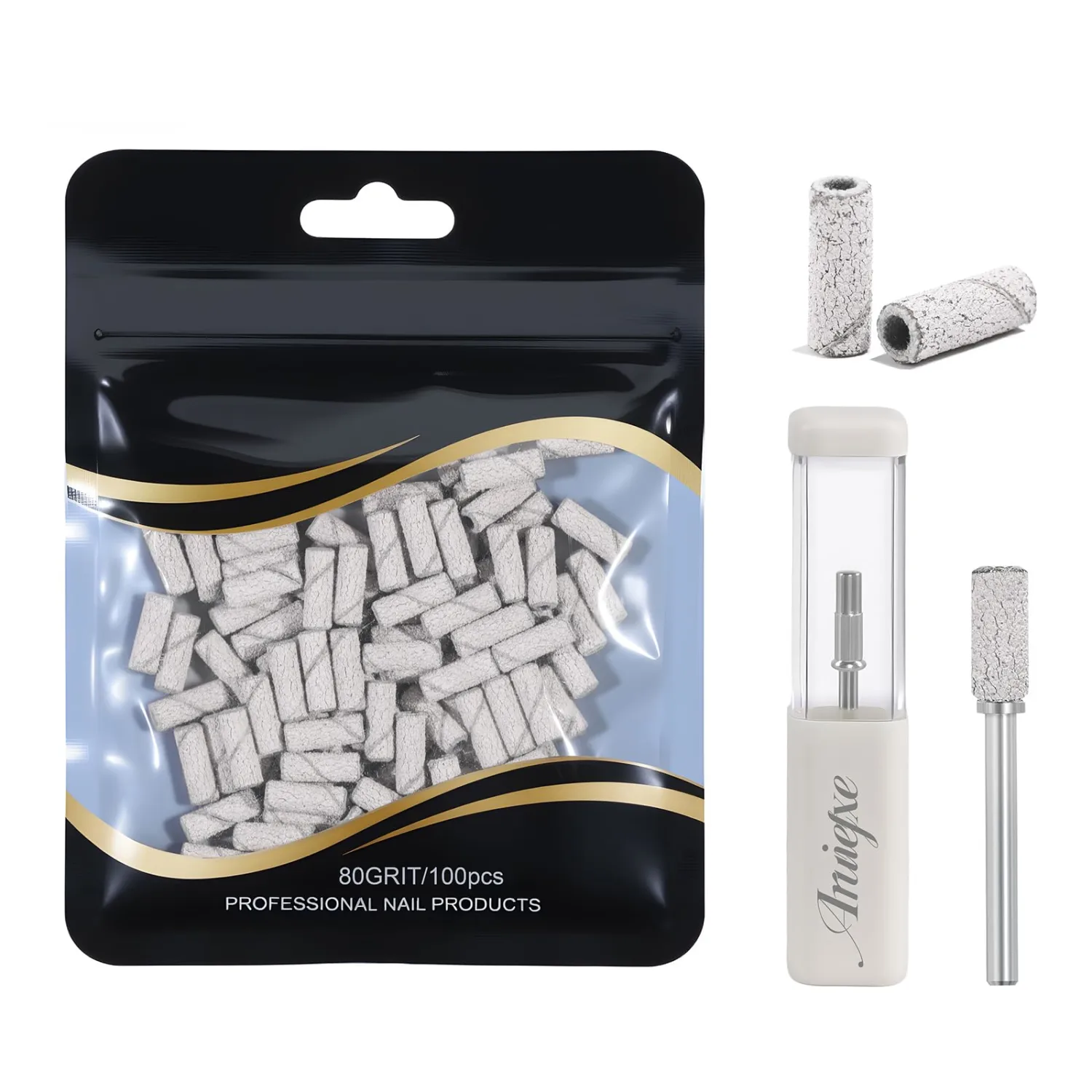 100 Pcs Nail Drill Bits, 80 Grits Sanding Bands for Nail Drill with 3.1mm Mandrel Bits, Mini Sanding Bands for Acrylic Nails Gel Manicures and Pedicures (White)