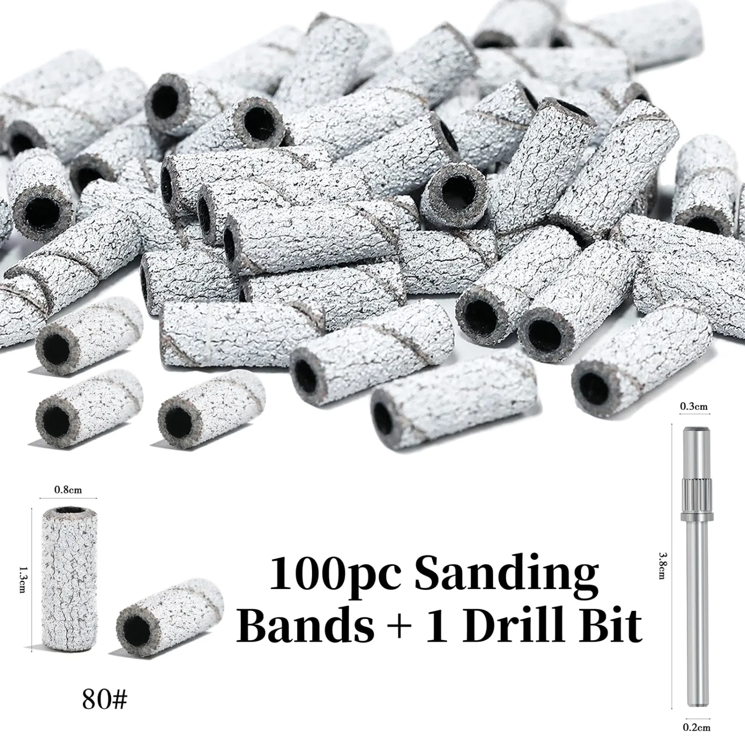 100 Pcs Nail Drill Bits, 80 Grits Sanding Bands for Nail Drill with 3.1mm Mandrel Bits, Mini Sanding Bands for Acrylic Nails Gel Manicures and Pedicures (White)