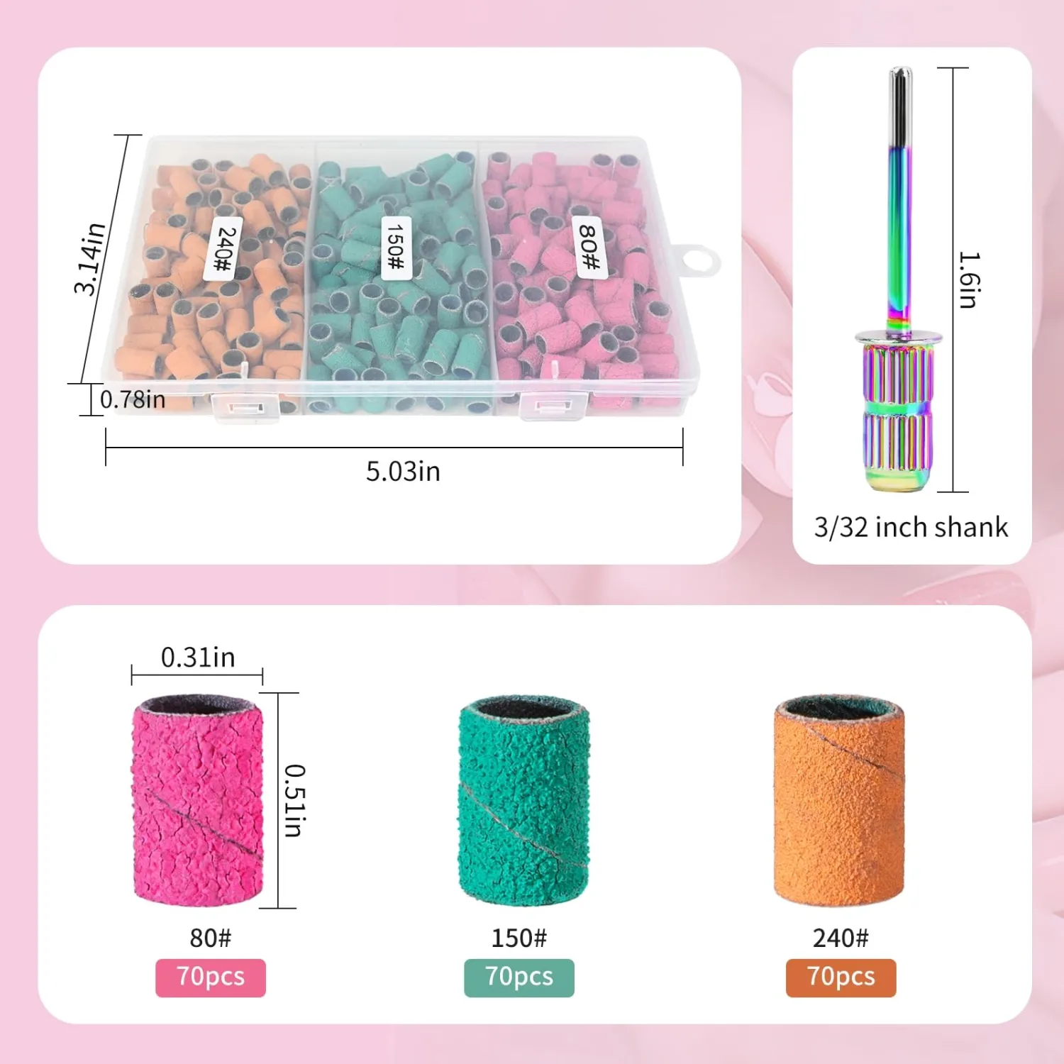Sanding Bands for Nail Drill,KOYOPEPI Nail Drill Sanding Bits 210Pcs Color Coarse Fine Sanding Bands Mandrel Bit