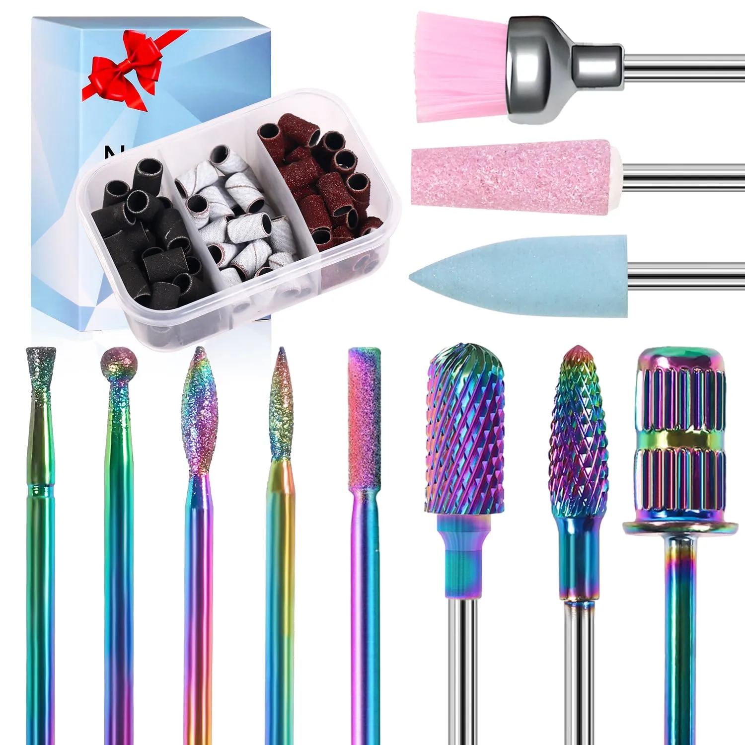 Nail Drill Bits Set 10Pcs 3/32 in Carbide Professional Drill Bit Set with 1lot File Sanding Bands for Nail Tech, Remove Acrylic Gel Nails for Manicure