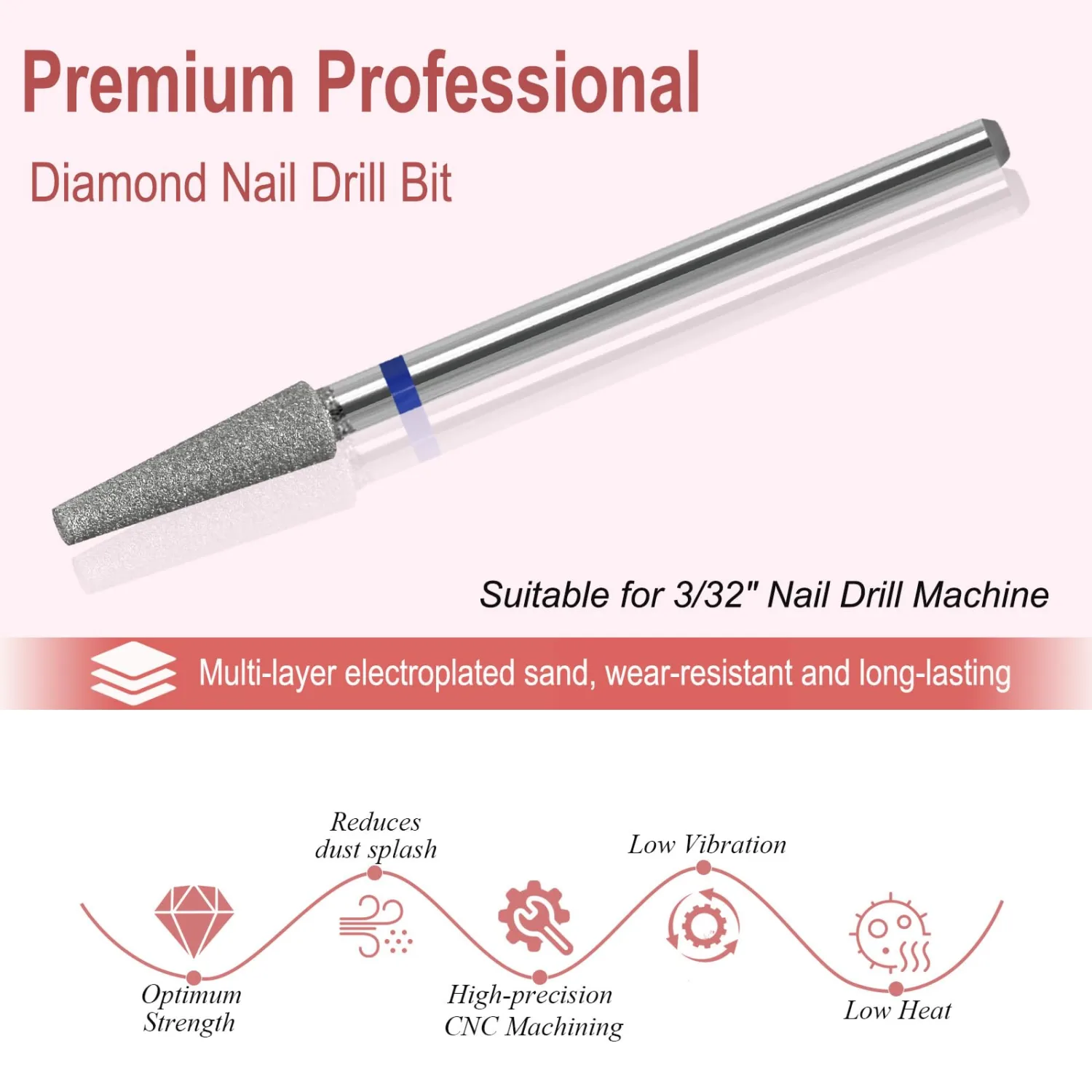 Diamond Safety Nail Drill Bits Round Top Tapered Electric Nail Drill File Cuticle Cleaner Tool for Acrylic Nails Rotary Nail Drill Machine Manicure Pedicure Polishing (Medium)