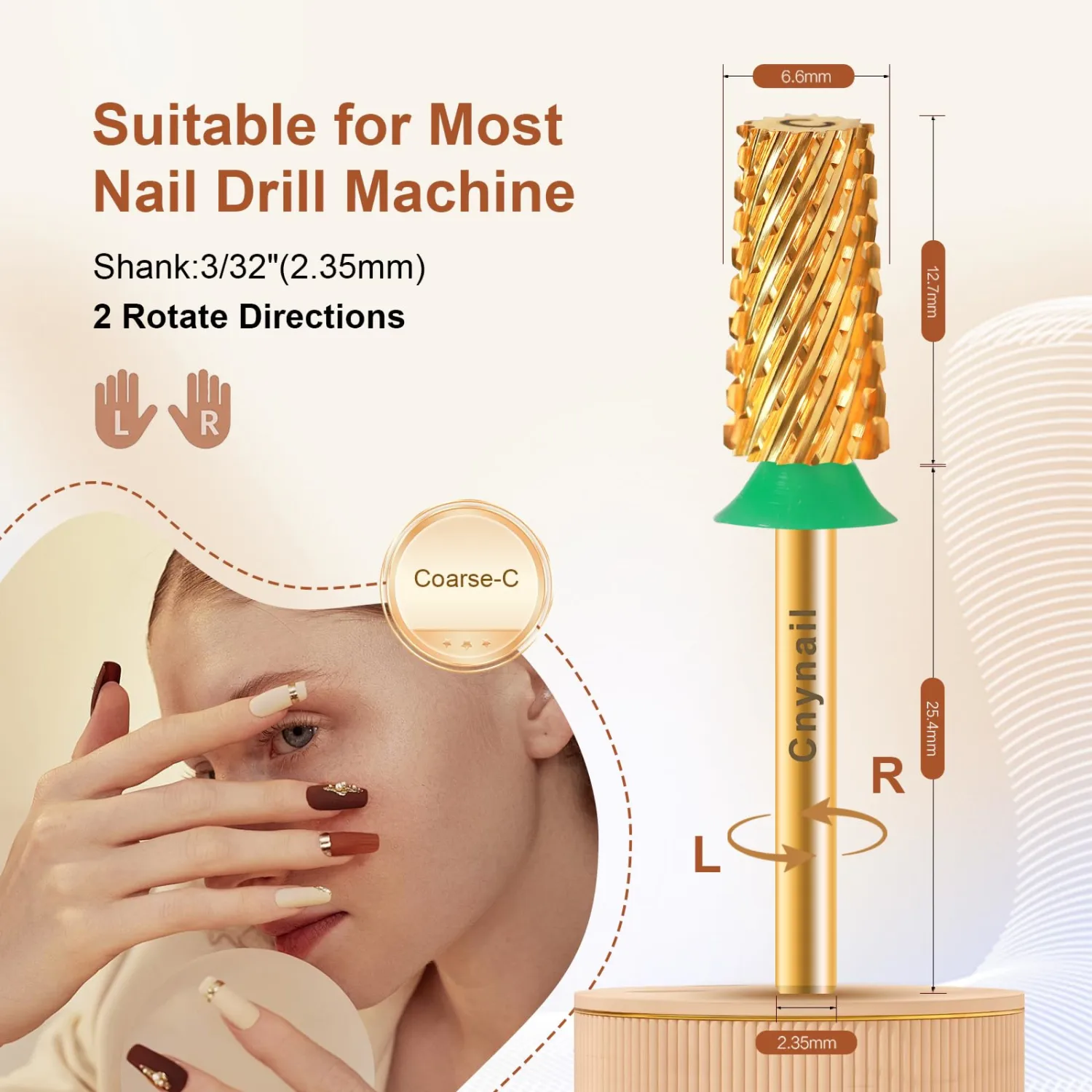 3/32" Large Tapered Barrel Flat Bit Tungsten Carbide Nail Drill Bit Safety Bit for Gel & Acrylic Removal, 2- Way Rotating Efile Tip, Salon Electric File Accessory (C Girt, Gold)