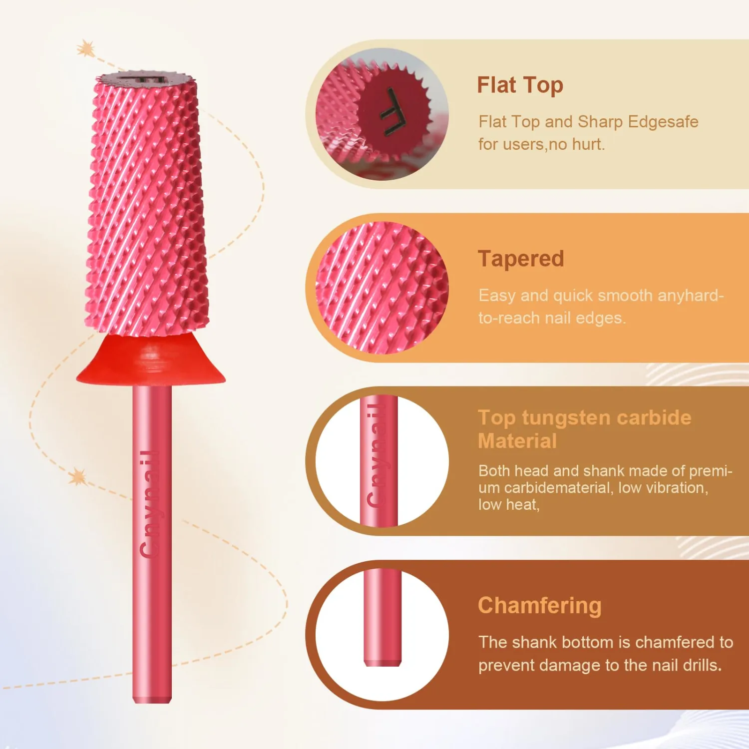 Cnynail 3/32" Large Tapered Barrel Flat Bit Tungsten Carbide Nail Drill Bit Safety Bit for Gel & Acrylic Removal, 2- Way Rotating Efile Tip, Salon Electric File Accessory (F Girt, Rose Red)