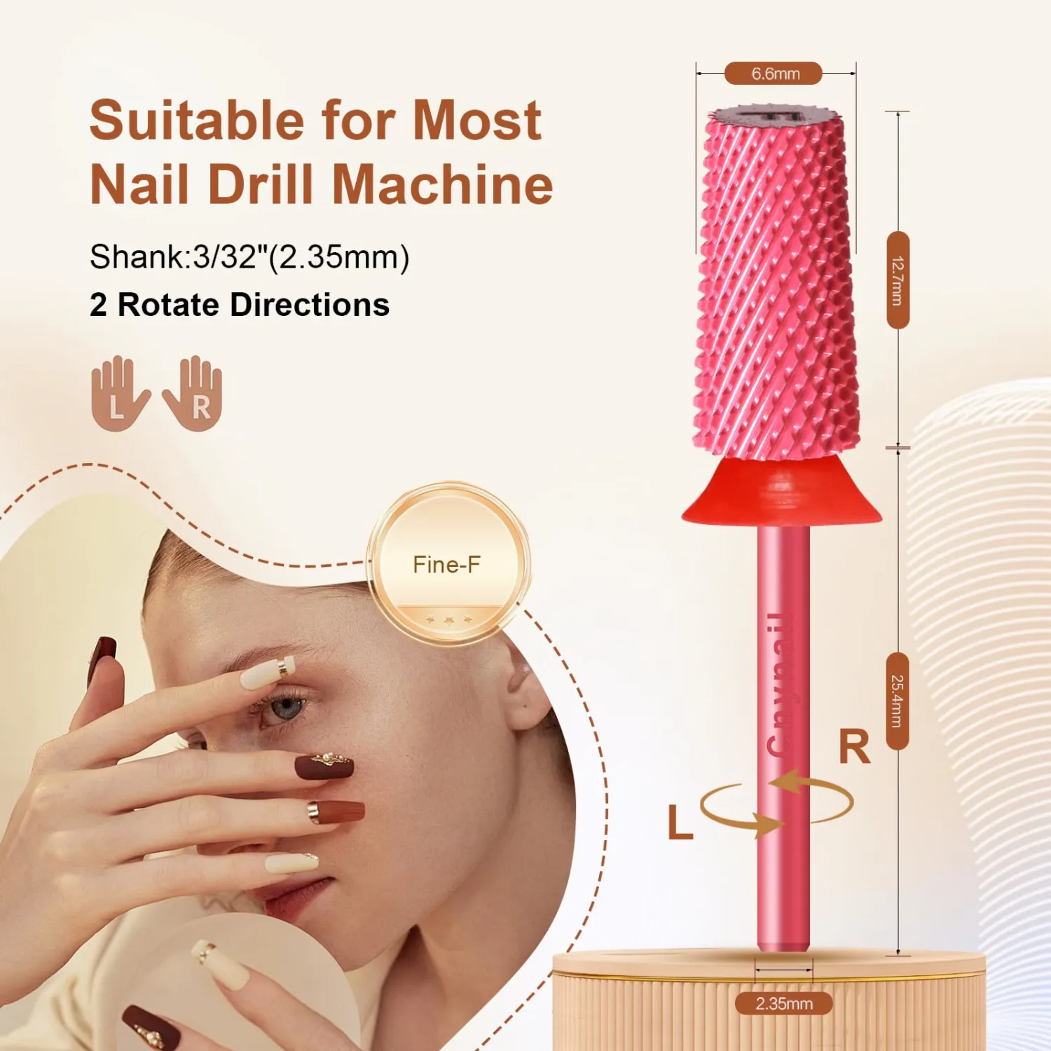 Cnynail 3/32" Large Tapered Barrel Flat Bit Tungsten Carbide Nail Drill Bit Safety Bit for Gel & Acrylic Removal, 2- Way Rotating Efile Tip, Salon Electric File Accessory (F Girt, Rose Red)