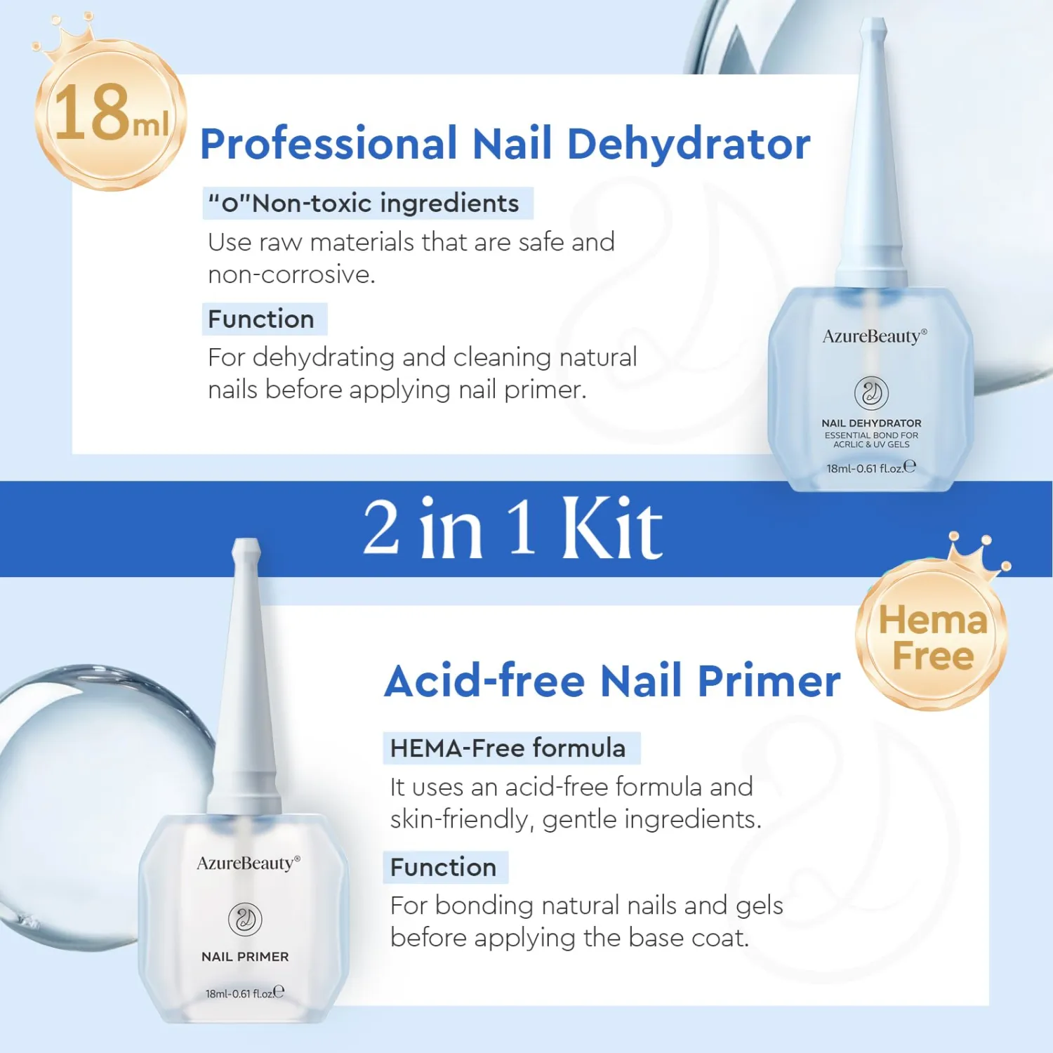 AZUREBEAUTY 18ml Nail Dehydrator and Primer, Acid-Free & Hema-Free Nail Prep Kit, No Lifting Bond for Gel Polish & Acrylic, Quick Dry Professional Natural Nail Primer for Long Lasting Manicure
