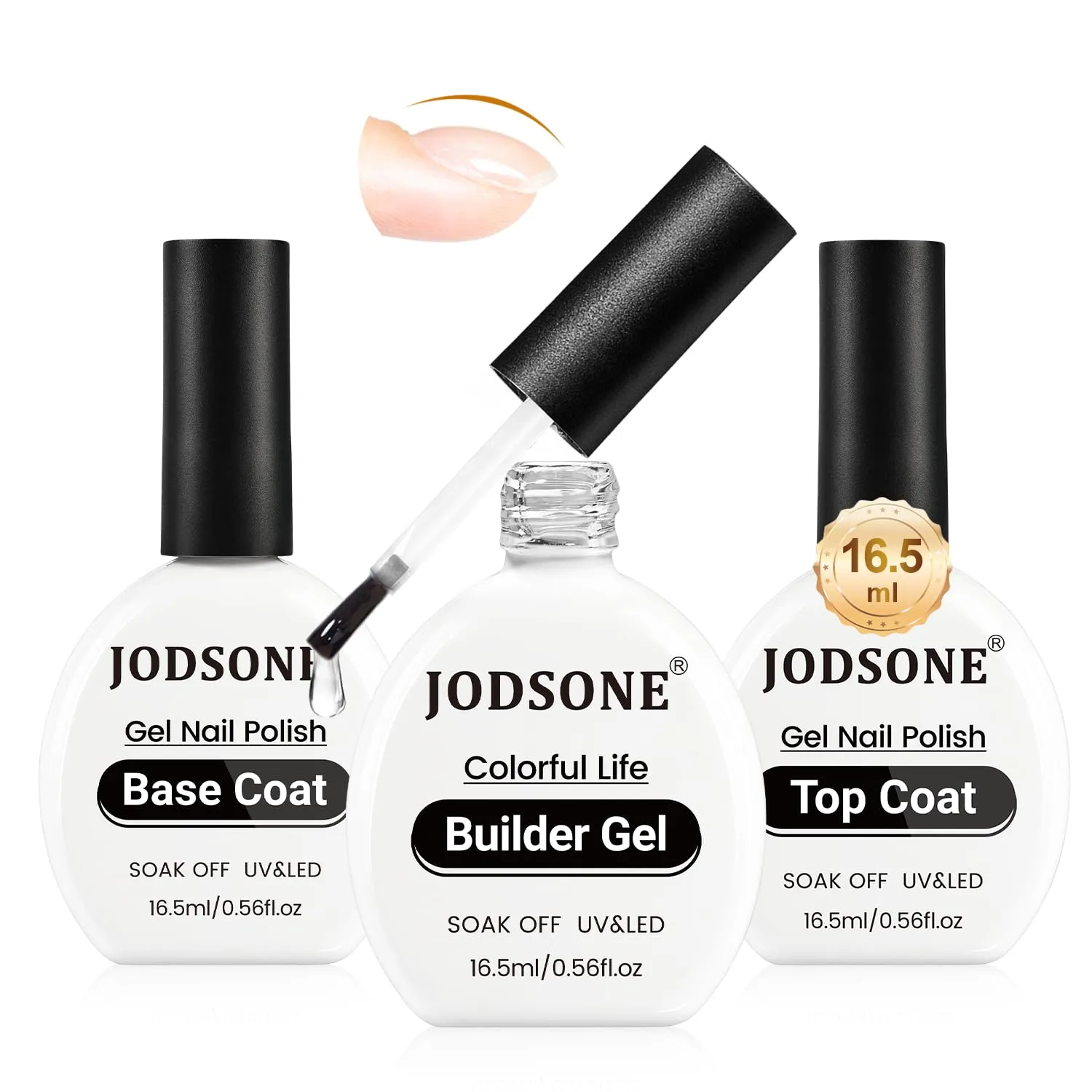 JODSONE 3Pcs 16.5ml Top Coat And Base Coat Set with Builder Gel No Wipe Top Coat Base Gel Builder for Thickening Strengthener Building Extension Need U V Lamp Cured