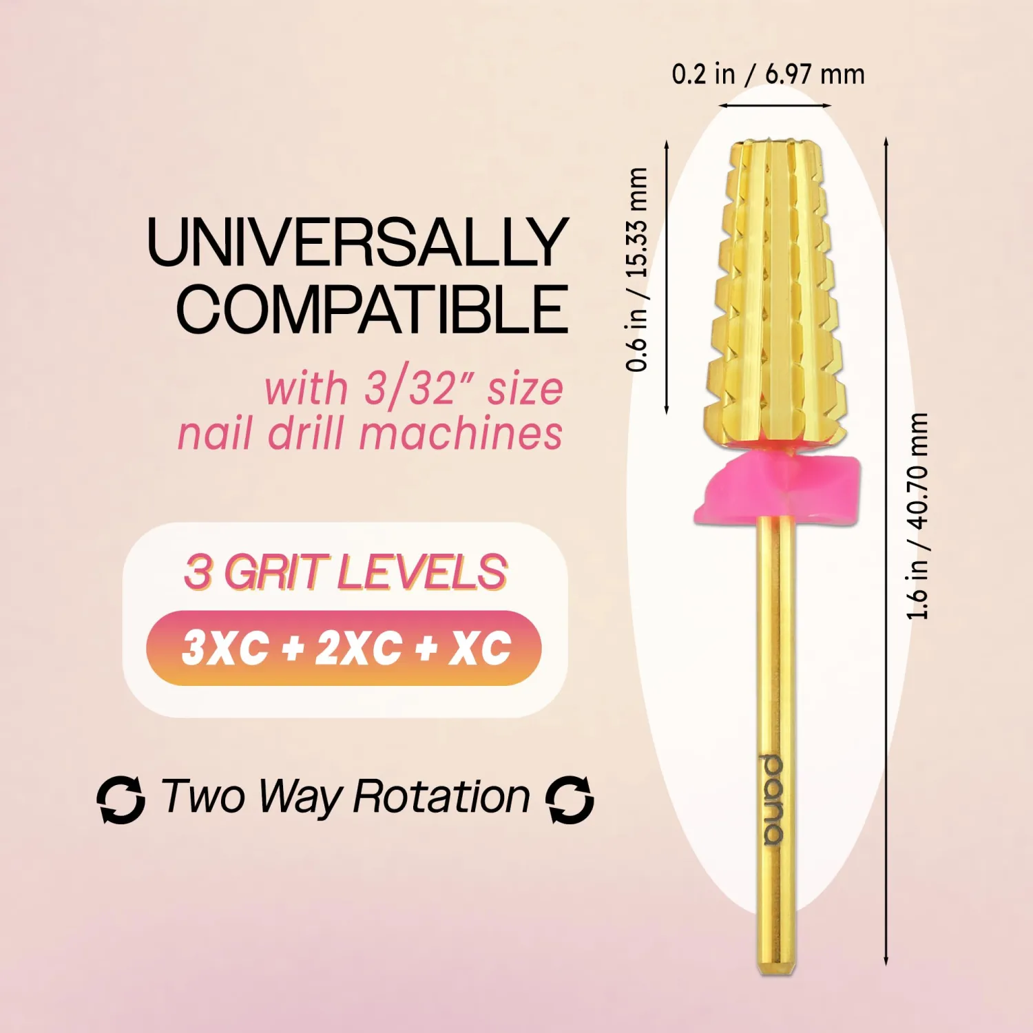 PANA Nail Carbide 5 in 1 Bit - Two Way Rotate use for Both Left and Right Handed - Fast remove Acrylic or Hard Gel - 3/32" Shank - Manicure, Nail Art, Drill Machine (Triple Coarse - 3XC, Gold)