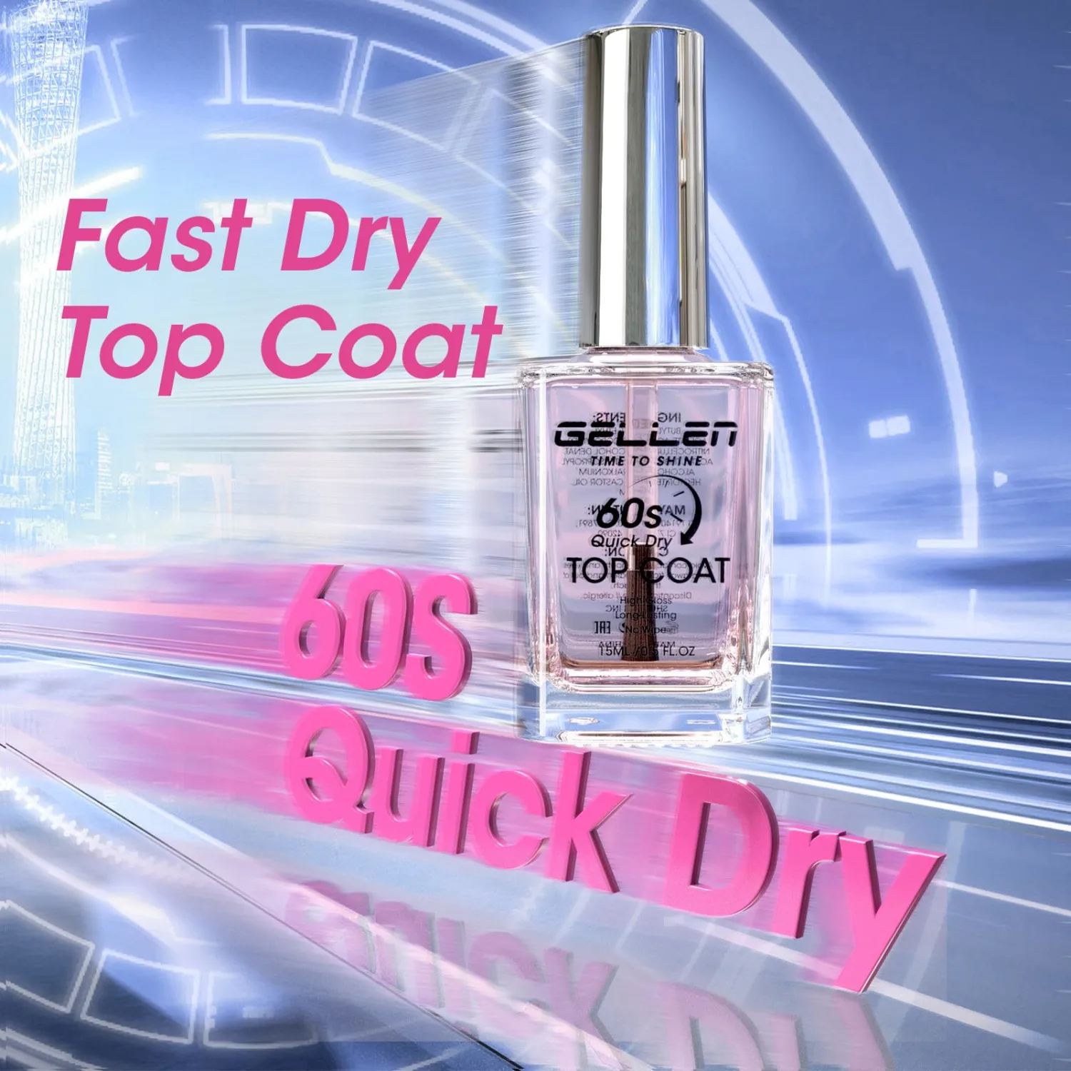 GELLEN Clear Nail Polish Top Coat Quick Dry in 60 Seconds, High Gloss Shine Top Coat Fast Air Drying Regular Nail Polish, Hema Free, Non-toxic, No Chip, Long Lasting, No Pink