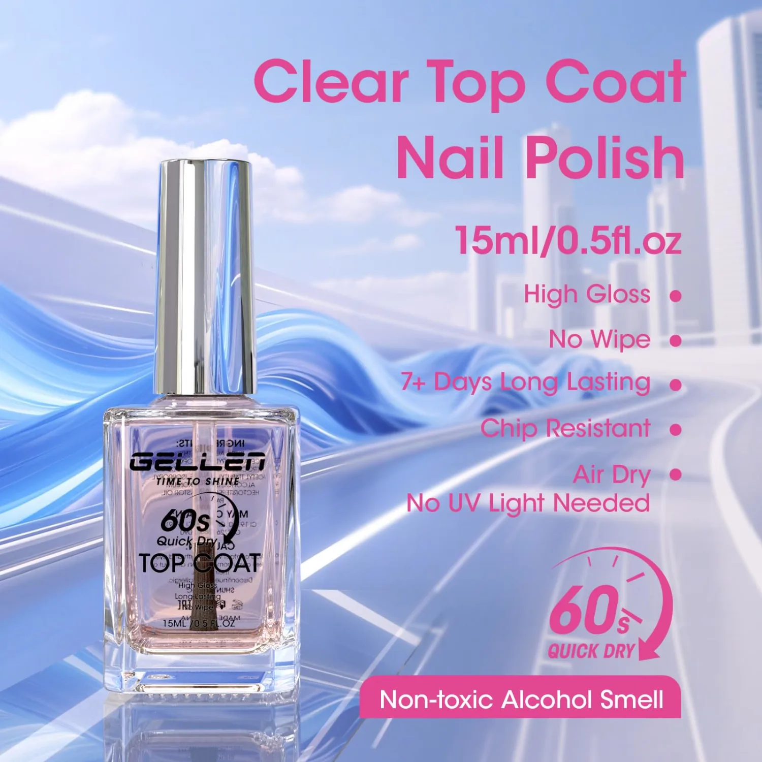 GELLEN Clear Nail Polish Top Coat Quick Dry in 60 Seconds, High Gloss Shine Top Coat Fast Air Drying Regular Nail Polish, Hema Free, Non-toxic, No Chip, Long Lasting, No Pink