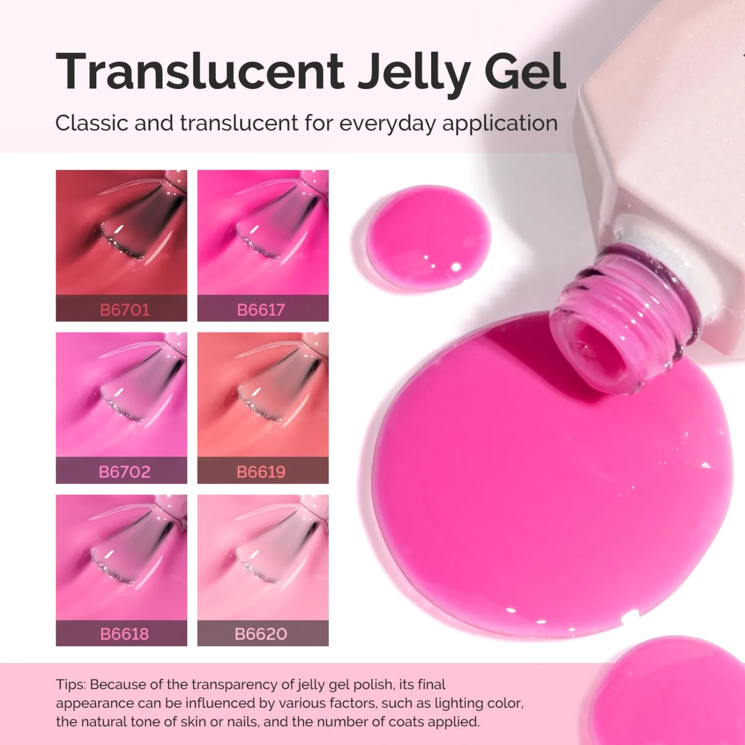 MelodySusie Jelly Gel Nail Polish Set,6 Transparent Colors,Milky or Jelly Texture,Romantic and Lovely Pink Colors Soak Off UV LED Light Cure or Salon Manicure and Nail Art DIY at Home