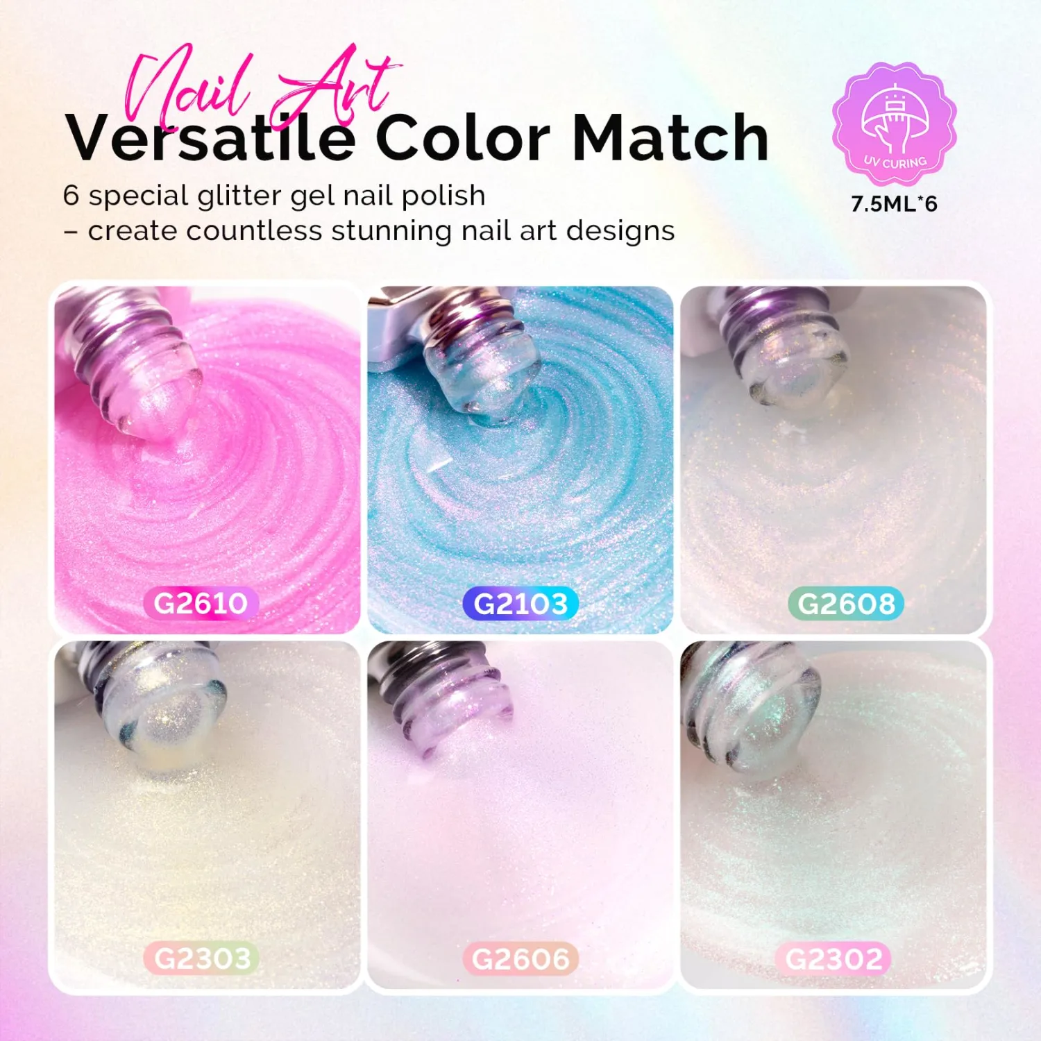 MelodySusie 7.5ML Glitter Gel Nail Polish Set, 6 Colors Aurora White Sparkle Gel Polish Kit Aurora Blue Pink Shimmer Gel Polish Gifts for Women Nail Art Manicure Salon DIY Nail Design at Home