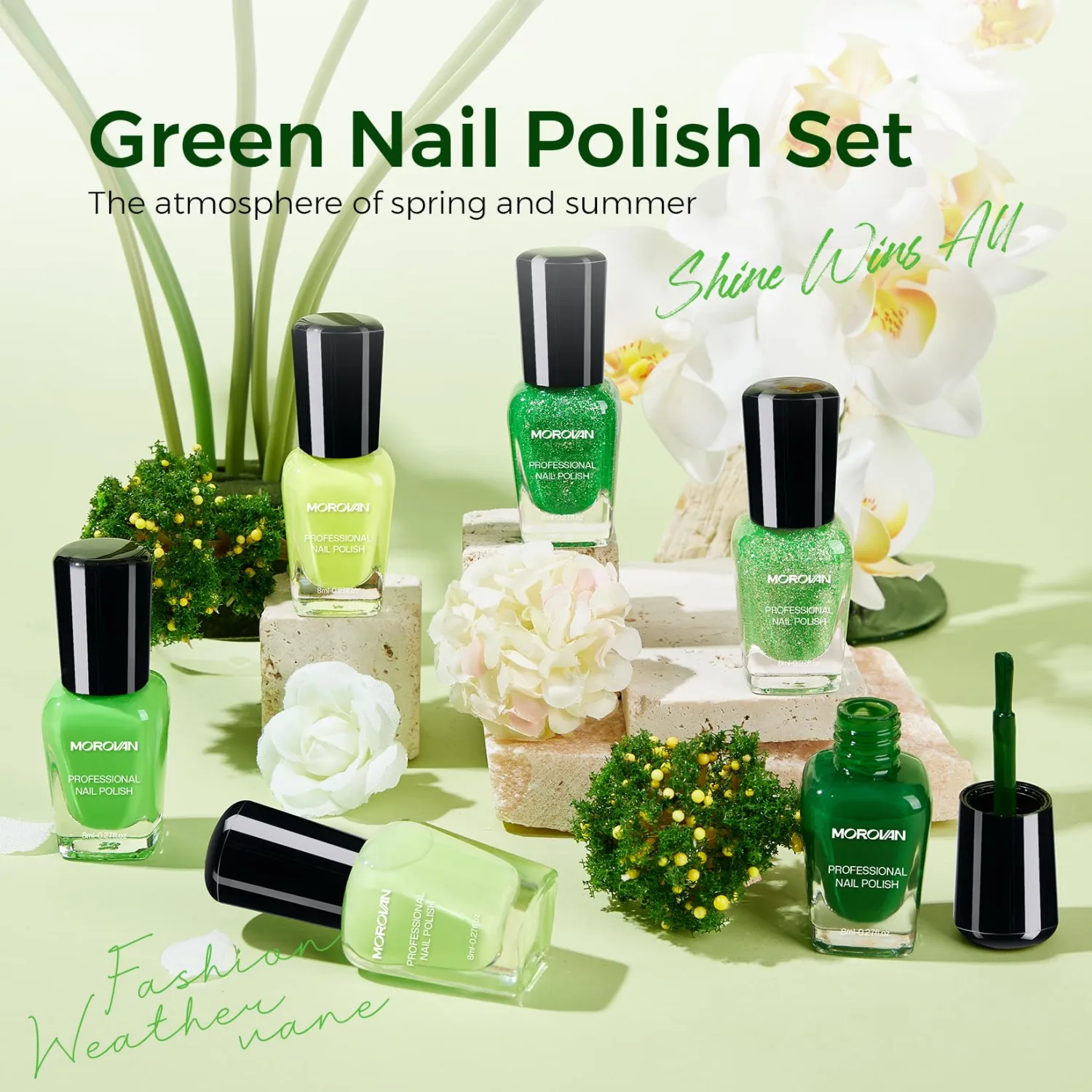 Morovan Green Nail Polish Set: Glitter Emerald Dark Green Spring Summer Fingernail Polish Kit Neon Lime Flash Air Quick-Dry Nail Polish Pack for Nail Art Manicure Gift Holiday Party for Women Girls