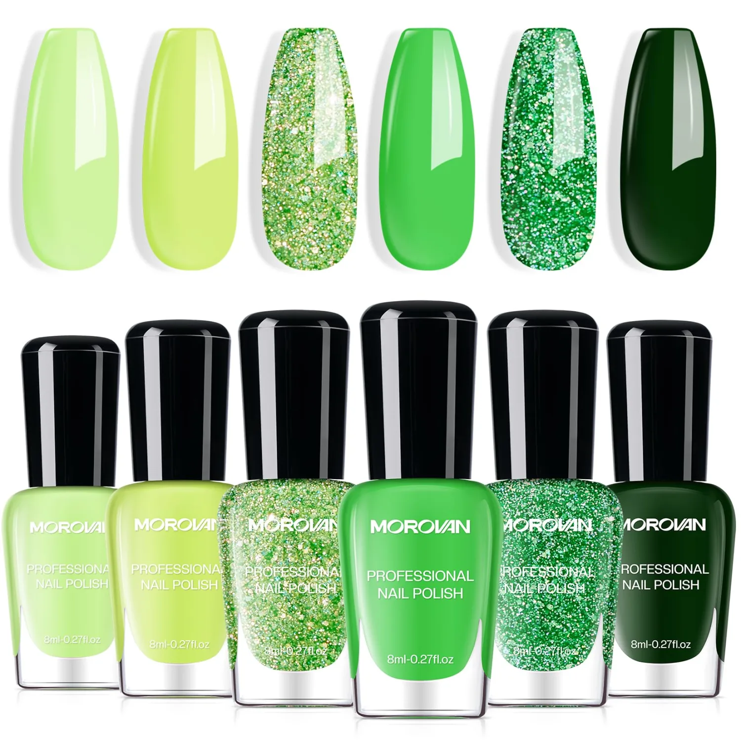 Morovan Green Nail Polish Set: Glitter Emerald Dark Green Spring Summer Fingernail Polish Kit Neon Lime Flash Air Quick-Dry Nail Polish Pack for Nail Art Manicure Gift Holiday Party for Women Girls