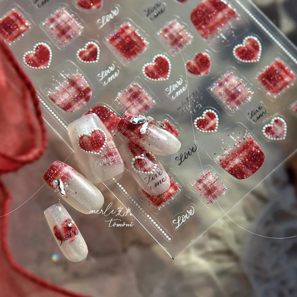 Love Letter Nail Stickers 5D Embossed – Premium Salon-Quality Self-Adhesive Nail Wraps, Tweed Warm Wine Red & Gold Sparkle Heart Designs, Easy Application for DIY Manicure, Press On, Home or Salon Use