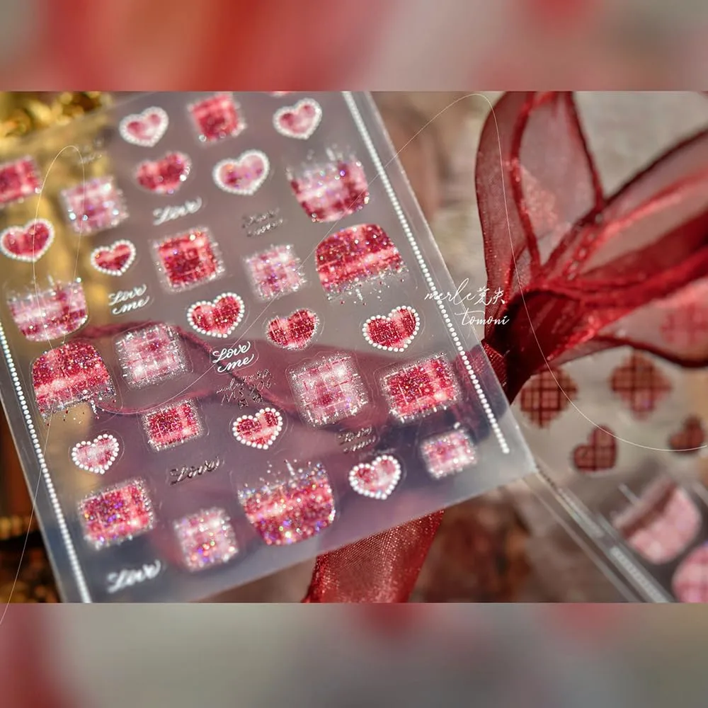 Love Letter Nail Stickers 5D Embossed – Premium Salon-Quality Self-Adhesive Nail Wraps, Tweed Warm Wine Red & Gold Sparkle Heart Designs, Easy Application for DIY Manicure, Press On, Home or Salon Use