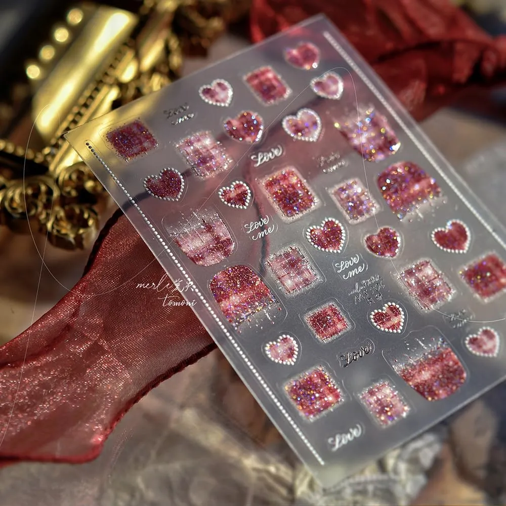 Love Letter Nail Stickers 5D Embossed – Premium Salon-Quality Self-Adhesive Nail Wraps, Tweed Warm Wine Red & Gold Sparkle Heart Designs, Easy Application for DIY Manicure, Press On, Home or Salon Use