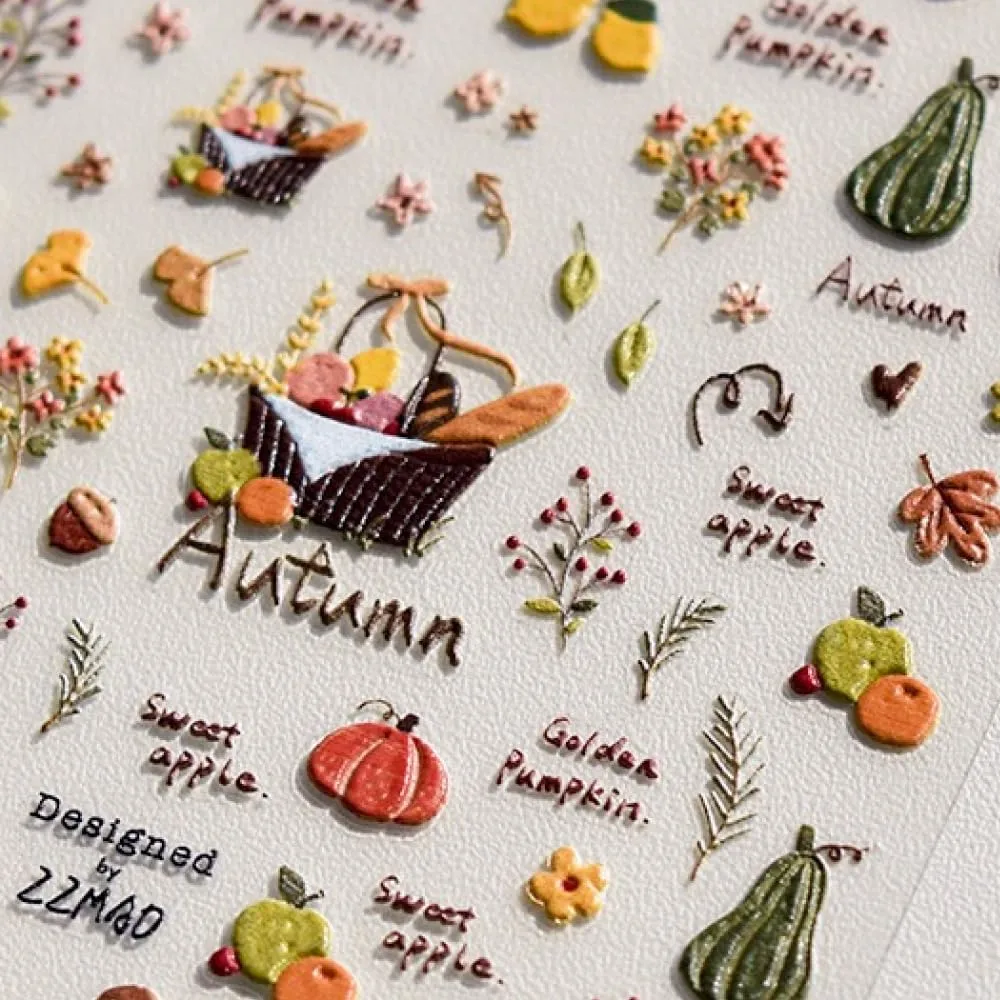 Fall Nail Stickers – 5D Embossed Autumn Nail Art with Pumpkins, Apples, Leaves & Harvest Basket. Easy to Use, Self-Adhesive. Cozy Seasonal Look for Thanksgiving, DIY Manicure, Salon & Home Décor