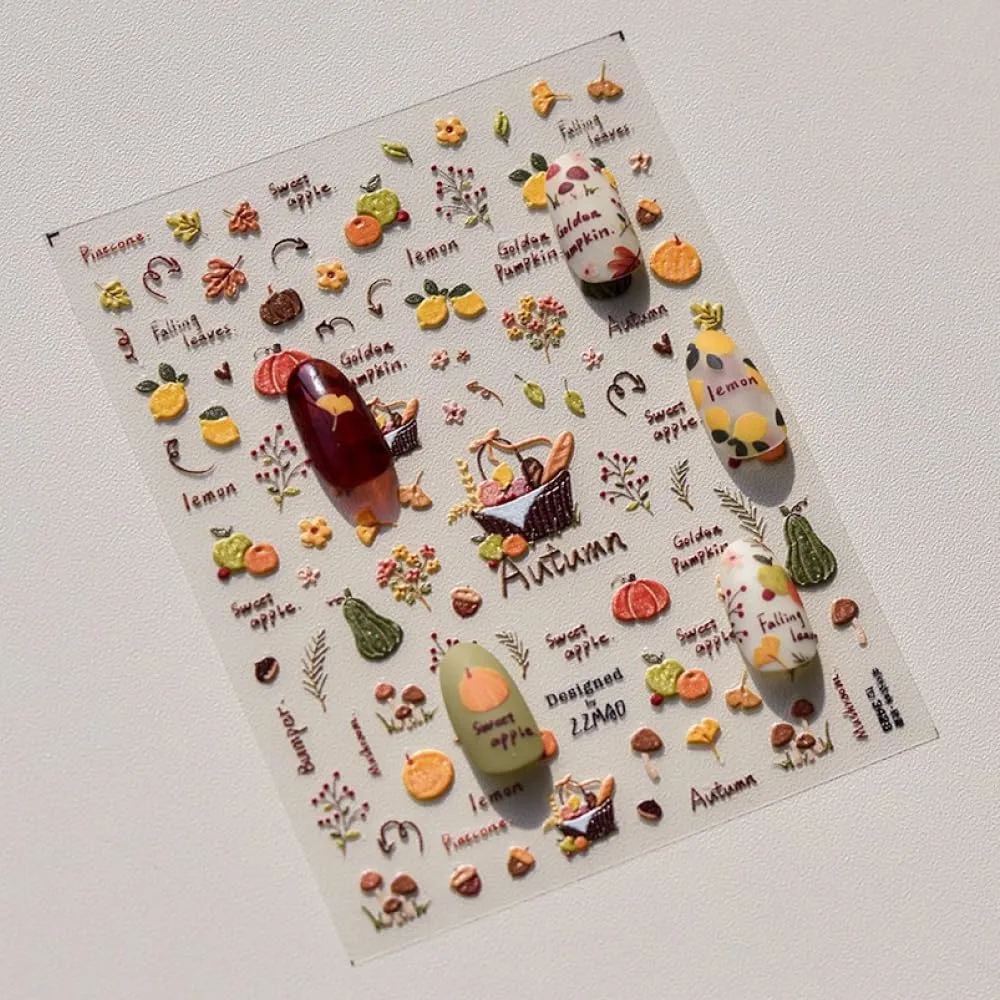 Fall Nail Stickers – 5D Embossed Autumn Nail Art with Pumpkins, Apples, Leaves & Harvest Basket. Easy to Use, Self-Adhesive. Cozy Seasonal Look for Thanksgiving, DIY Manicure, Salon & Home Décor