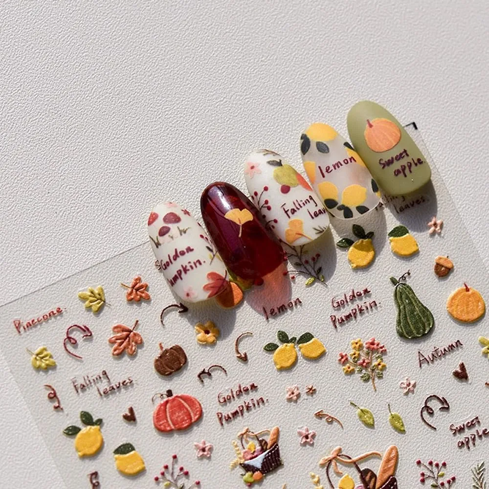 Fall Nail Stickers – 5D Embossed Autumn Nail Art with Pumpkins, Apples, Leaves & Harvest Basket. Easy to Use, Self-Adhesive. Cozy Seasonal Look for Thanksgiving, DIY Manicure, Salon & Home Décor