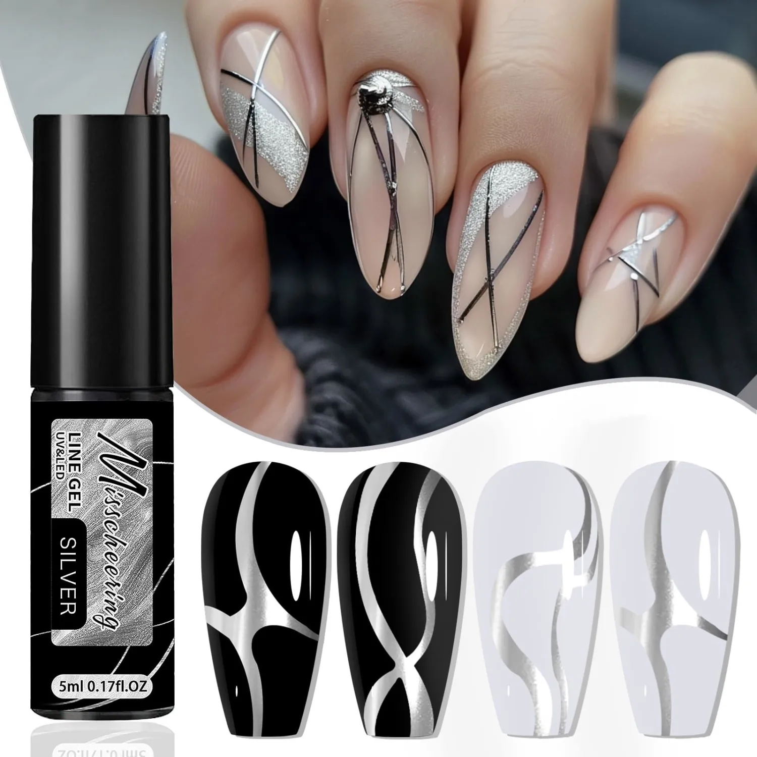 Silver Metallic Gel Liner nail Polish for Nail Art, Mirror Chrome Painting Nail Polish, for Salon Home DIY French Manicure