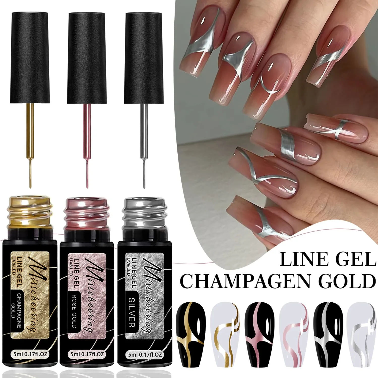 Silver Metallic Gel Liner nail Polish for Nail Art, Mirror Chrome Painting Nail Polish, for Salon Home DIY French Manicure