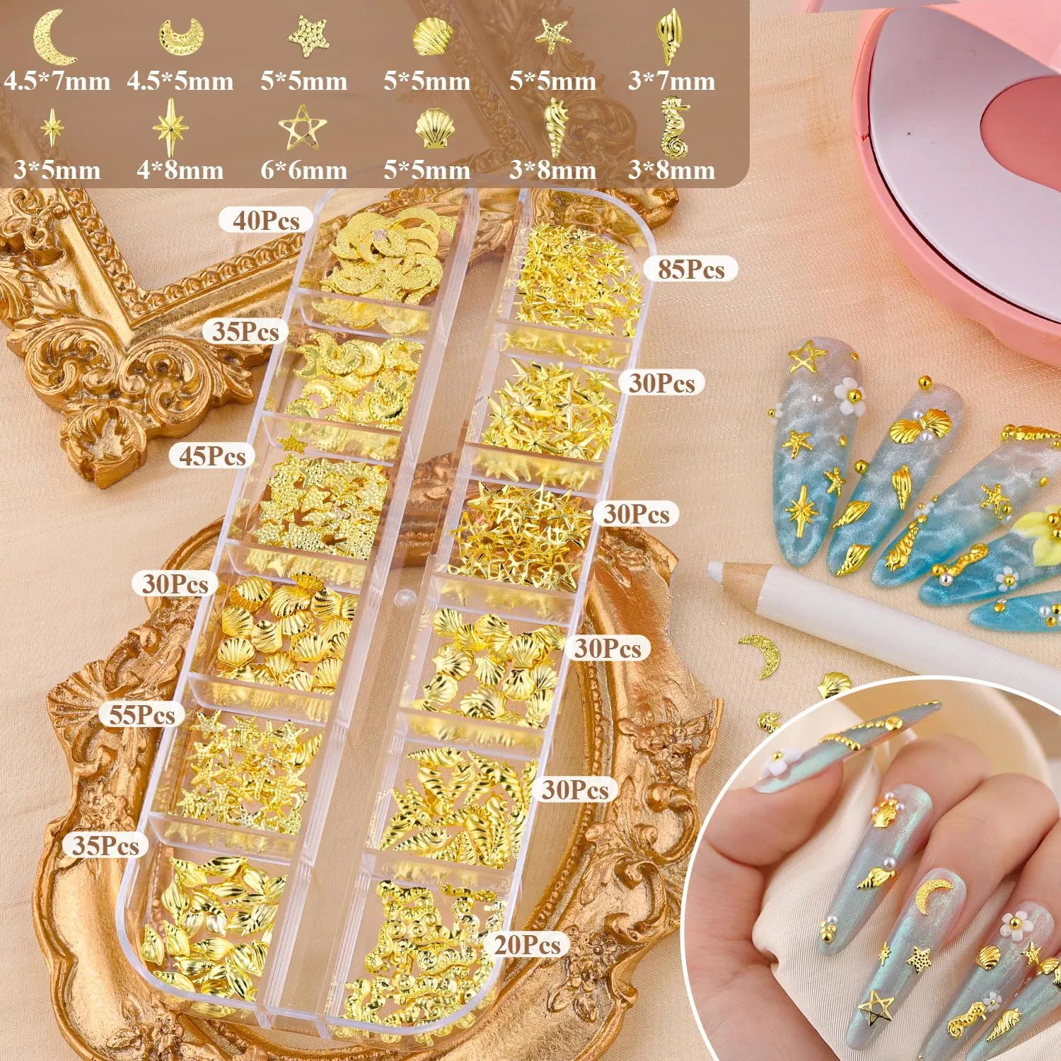 2450Pcs 3D Metal Silver Gold Nail Charms, Ocean Star Nail Charms and Round Small Caviar Beads, Nail Beads Craft Nail Jewels Accessories with Tweezers, Pick-up Pencil and 15ml Rhinestones Gel Glue