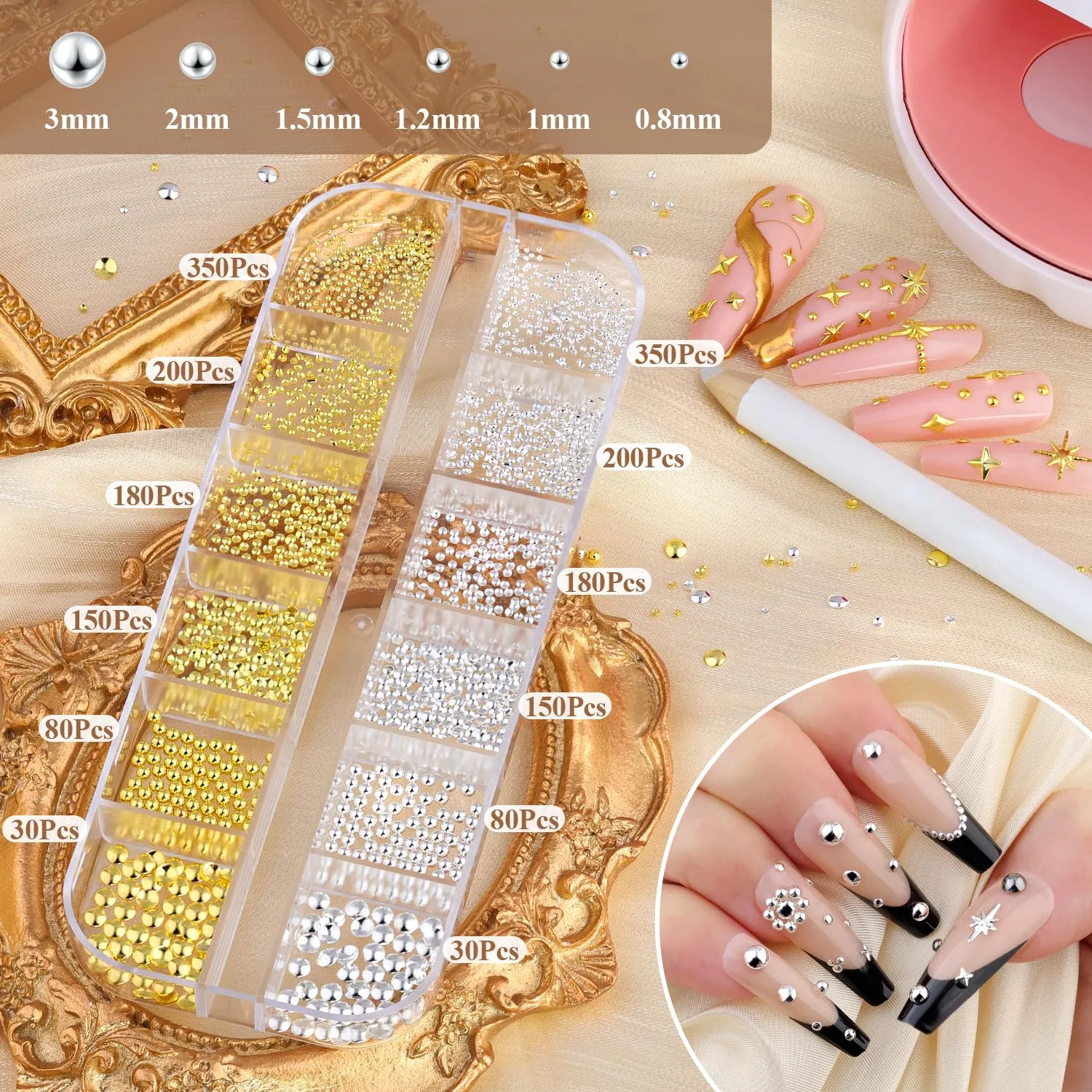 2450Pcs 3D Metal Silver Gold Nail Charms, Ocean Star Nail Charms and Round Small Caviar Beads, Nail Beads Craft Nail Jewels Accessories with Tweezers, Pick-up Pencil and 15ml Rhinestones Gel Glue