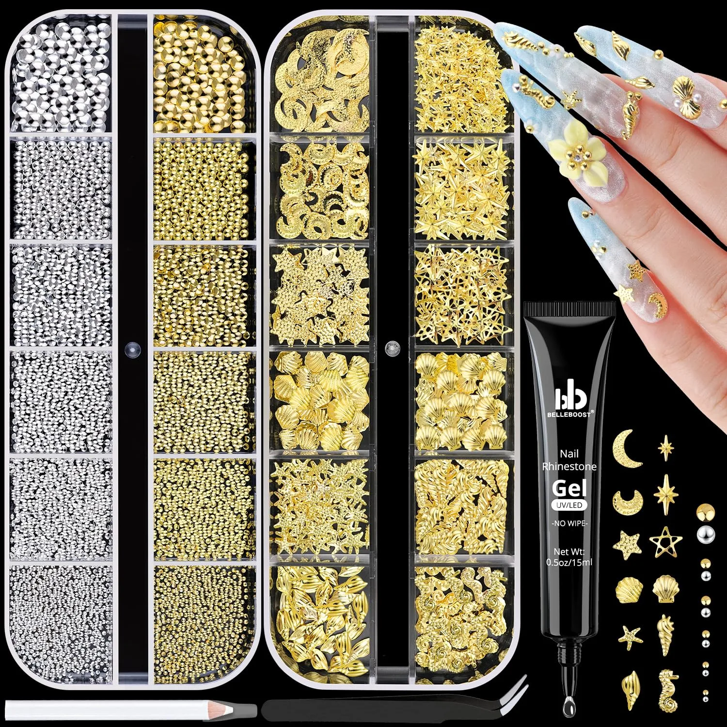 2450Pcs 3D Metal Silver Gold Nail Charms, Ocean Star Nail Charms and Round Small Caviar Beads, Nail Beads Craft Nail Jewels Accessories with Tweezers, Pick-up Pencil and 15ml Rhinestones Gel Glue