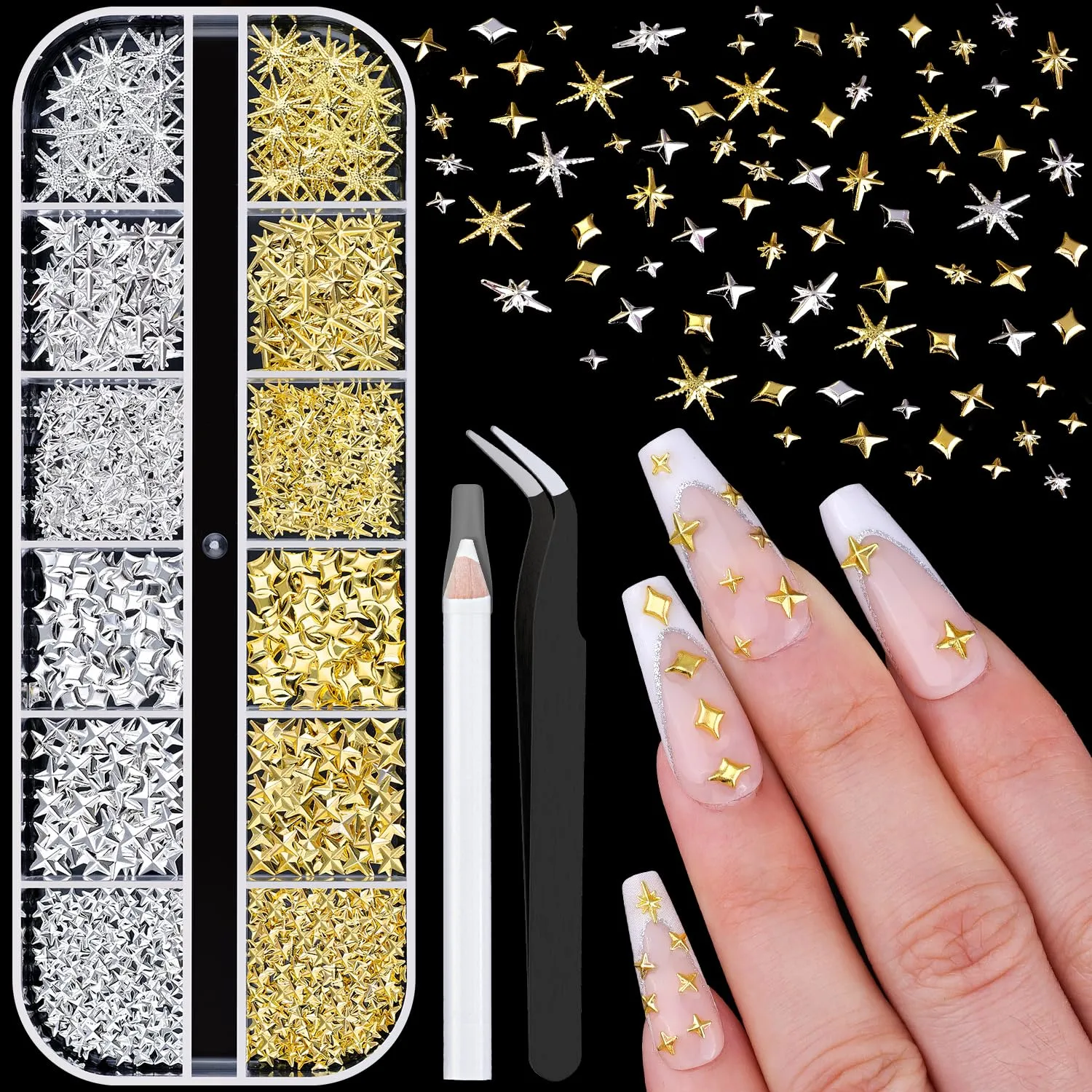 660Pcs 3D Star Nail Charms, Gold & Silver Multi-Shapes Metallic Nail Art Gems,Bedazzling Small Nail Beads Craft Jewels Y2K Cross Nail Rhinestones Accessories Decor with Tweezers and Pick-up Pencil