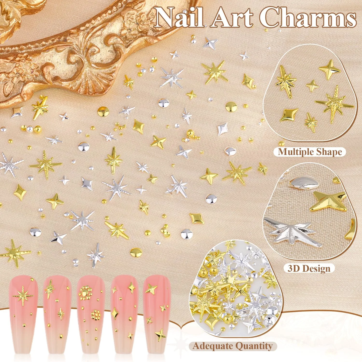 660Pcs 3D Star Nail Charms, Gold & Silver Multi-Shapes Metallic Nail Art Gems,Bedazzling Small Nail Beads Craft Jewels Y2K Cross Nail Rhinestones Accessories Decor with Tweezers and Pick-up Pencil